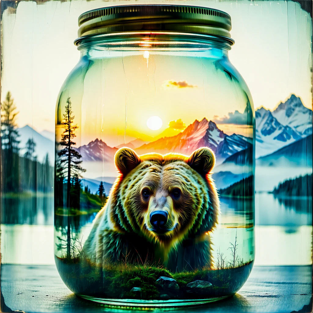 Double exposure. Layered dreamlike art. Light leak. Screenprint texture. Distressed overlay.
A bear inside a jar.
Sunset inside a jar filled with mountains. A bear face, double exposure. Refracted light.
scrdxCE_style