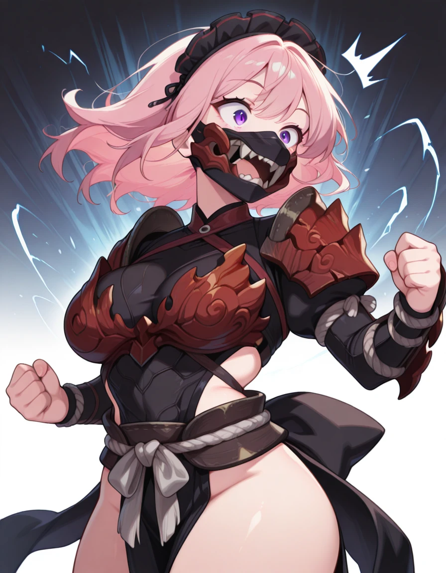masterpiece, best quality, amazing quality,, <lora:CivChan:1>, CivChan, purple eyes, pink hair, mature female, breasts, maid headdress, , <lora:odogaron-armor-illustriousxl-lora-nochekaiser:1>, odogaron armor, armor, mask, mouth mask, odogaron (armor), pauldrons, shoulder armor, side slit, vambraces, waist cape,, <lora:dynamic-pose-illustriousxl-lora-nochekaiser:1>, dynamic pose, fighting stance, cowboy shot, surprised, open mouth, ,
