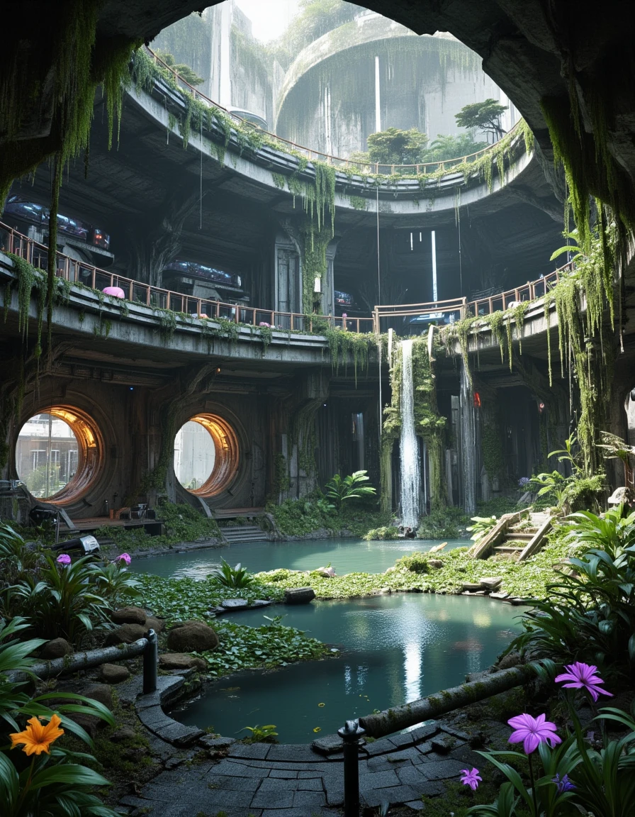 <lora:SWL_Underground1flux:1> swlu1, cyberpunk, underground, futuristic, image25, photo of futuristic overgrown ruins, circular atrium, underground river, overgrown architecture, cinematic lighting, soft daylight, neon reflections, moss-covered walls, vines and plants, bioluminescent flowers, futuristic jungle, decayed high-tech city, nature reclaiming metal, sci-fi sanctuary, abandoned urban garden, volumetric light beams, cybernatural paradise,