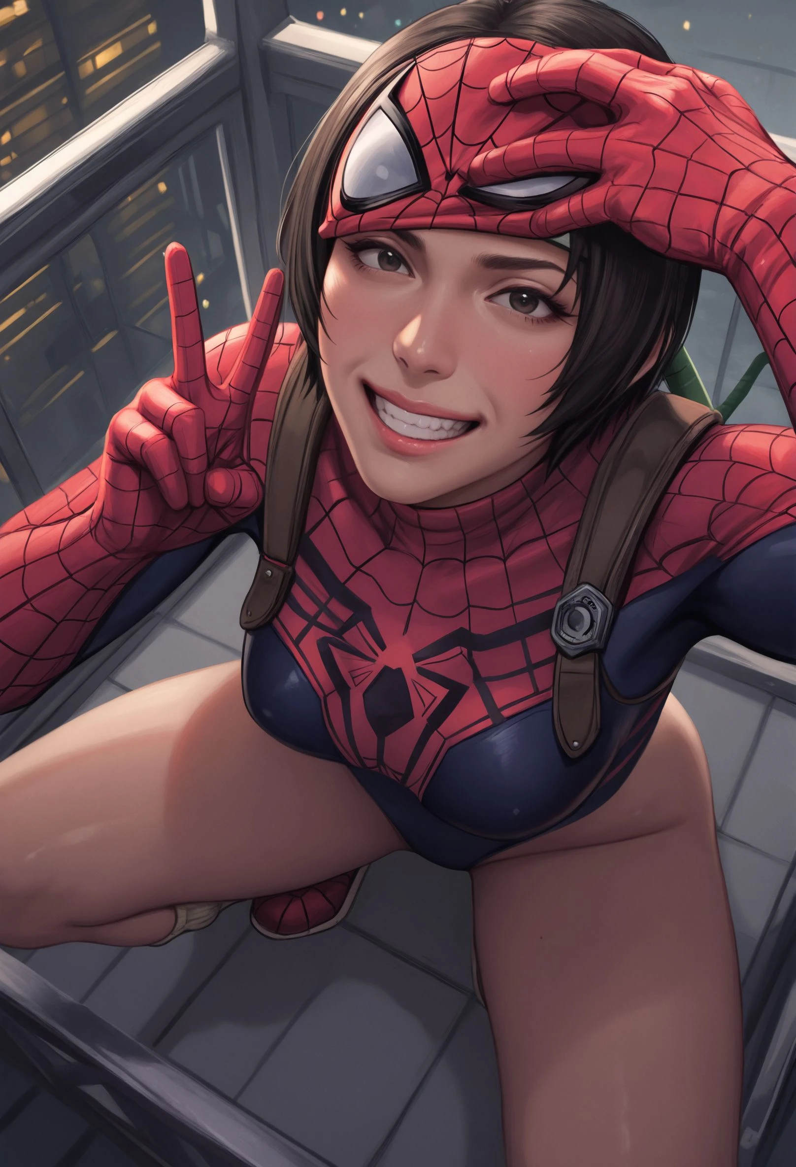 masterpiece, best_quality, amazing quality, newest, add detail, sharp focus, real skin, realistic, 2.8d, gradation grading, color contrast, impressionism, neon colors palette. BREAK, solo, yuffie (/final fantasy)/, face reveal, catwalk of a radio tower, (spider-man full suit), own hand on mask removed, (lifts spider-man mask off her head:1.5), peace sign, selfie, showing her face, squatting unmasked, smiling face, teeth, grin, from above, rating_safe
