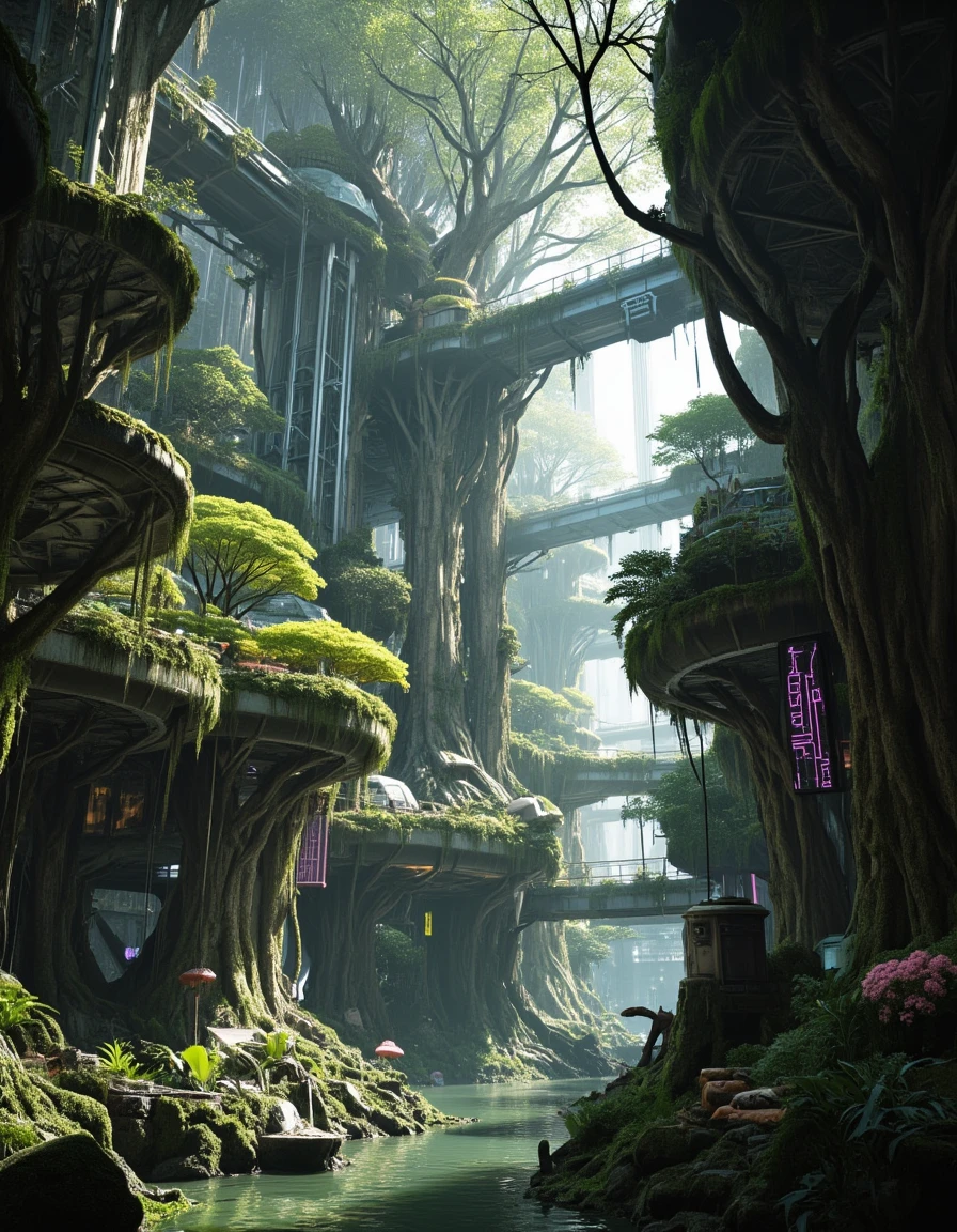 <lora:SWL_Underground1flux:1> swlu1, cyberpunk, underground, futuristic, abandoned, image6, photo of vertical eco-arcology, flooded futuristic canyon, massive trees growing through structures, neon accents, floating homes, moss-covered buildings, overgrown cyberpunk utopia, elevated walkways, sunlight through mist, lush vegetation, bioluminescent plants, cinematic lighting, towering green city, nature and technology blend, detailed, photorealistic, epic scale,