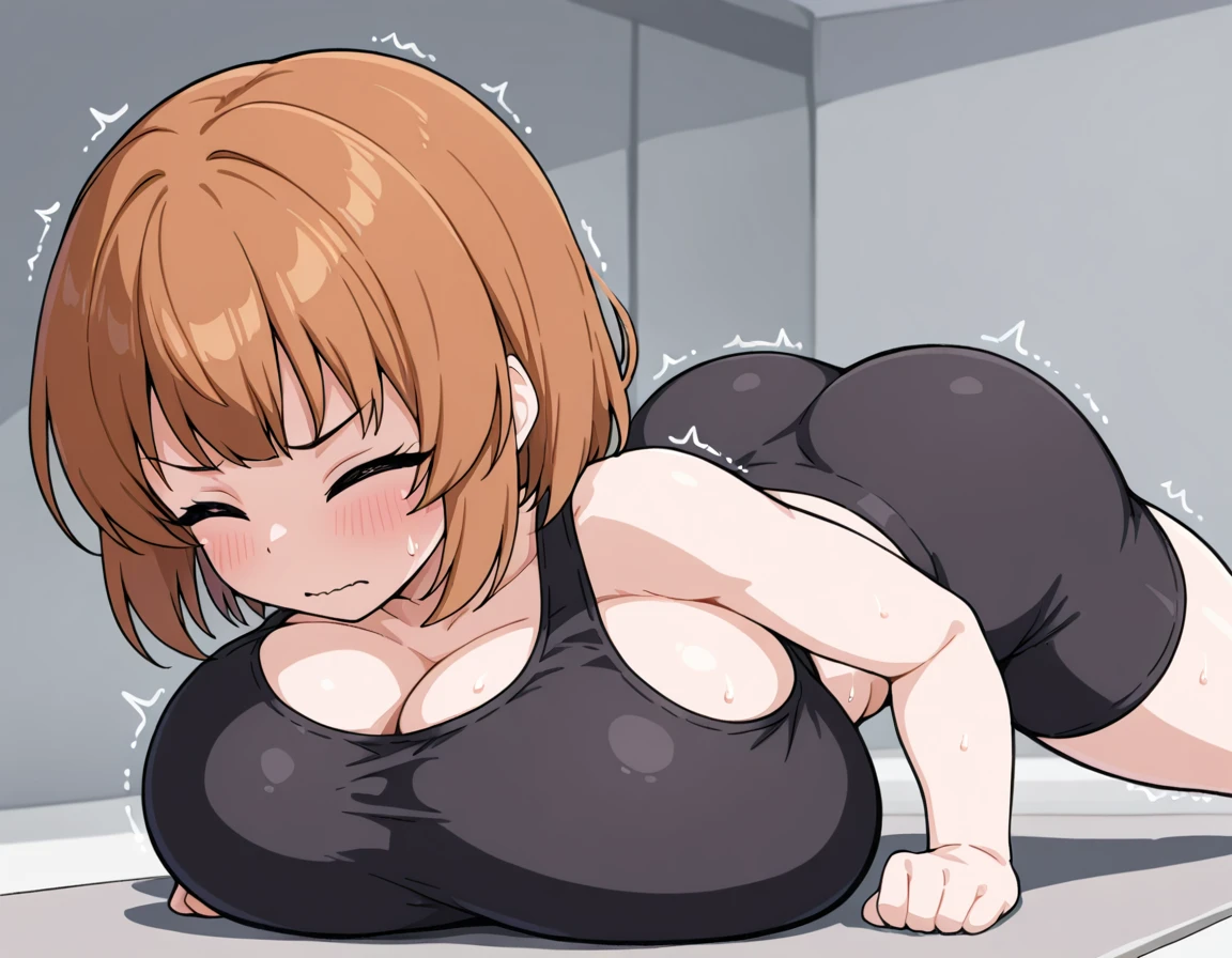 Gigantic breasts, skinny, anime girl, bob heir style, red hair, nude, full body, on knees, mouth open wide, tongue out,on top of man; fit, man, average build, laying, under girl, dick in pussy