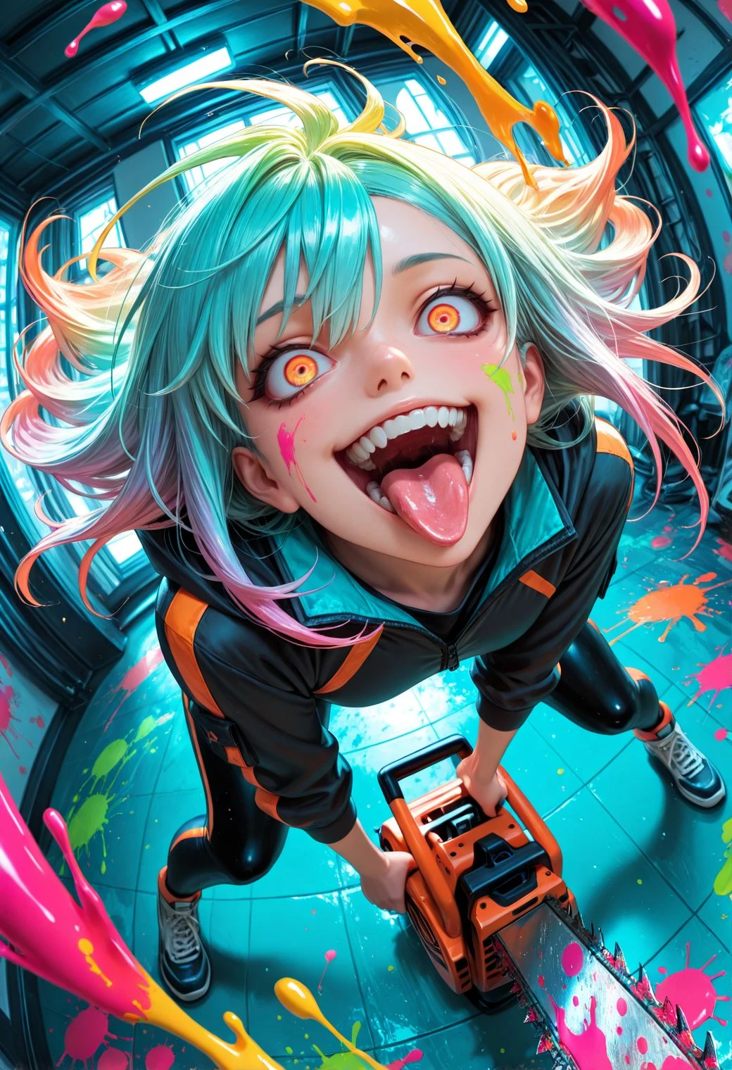 SmoothNoob_Quality, 1girl, holding chainsaw, crazy eyes, crazy smile, tongue, from above, dynamic pose,, spark, close-up,dutch angle, (colorful), fisheye, (paint splatter),fisheye, , close-up, dutch angle, from above, floor, depth of field, (scenery, volumetric lighting)