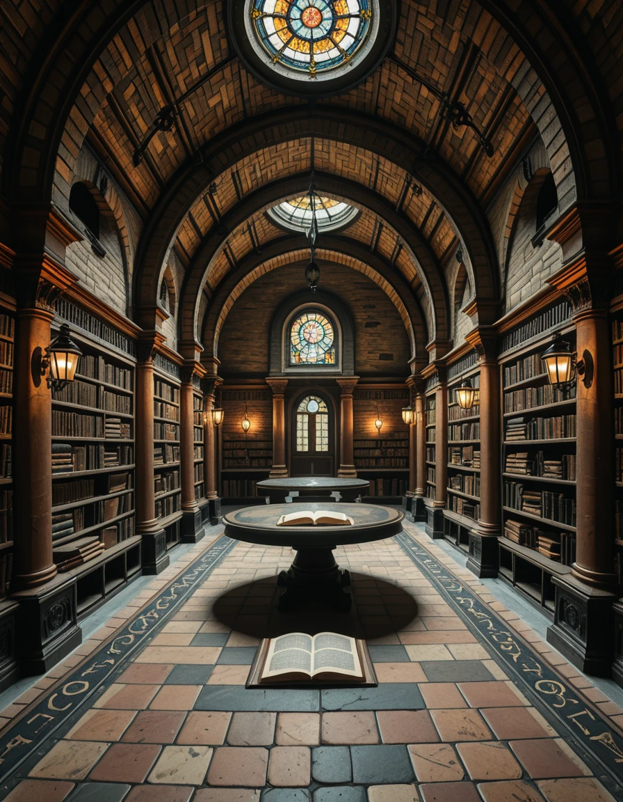 A hidden underground archive beneath a centuries-old library. The room is dimly lit by wrought iron lamps mounted on stone columns, casting flickering shadows across ancient brick walls. Long, vaulted ceilings arch overhead, and the scent of parchment and dust fills the air. Endless rows of oak shelves stretch into the distance, each packed with leather-bound tomes, scrolls sealed with wax, and mysterious artifacts locked behind glass cases. An intricate mosaic of alchemical symbols decorates the tiled floor, and in the center of the space, a circular reading table sits under a skylight made of stained glass, filtering colored light into the chamber. The ambiance is hushed, sacred, and steeped in secrets.hidden underground 4rch1v3, <lora:hidden_underground_4rch1v3-i:1>, Masterpiece,best quality,hi res,8k,hi res,8k,award winning,(sharp focus, intricate, highly detailed),