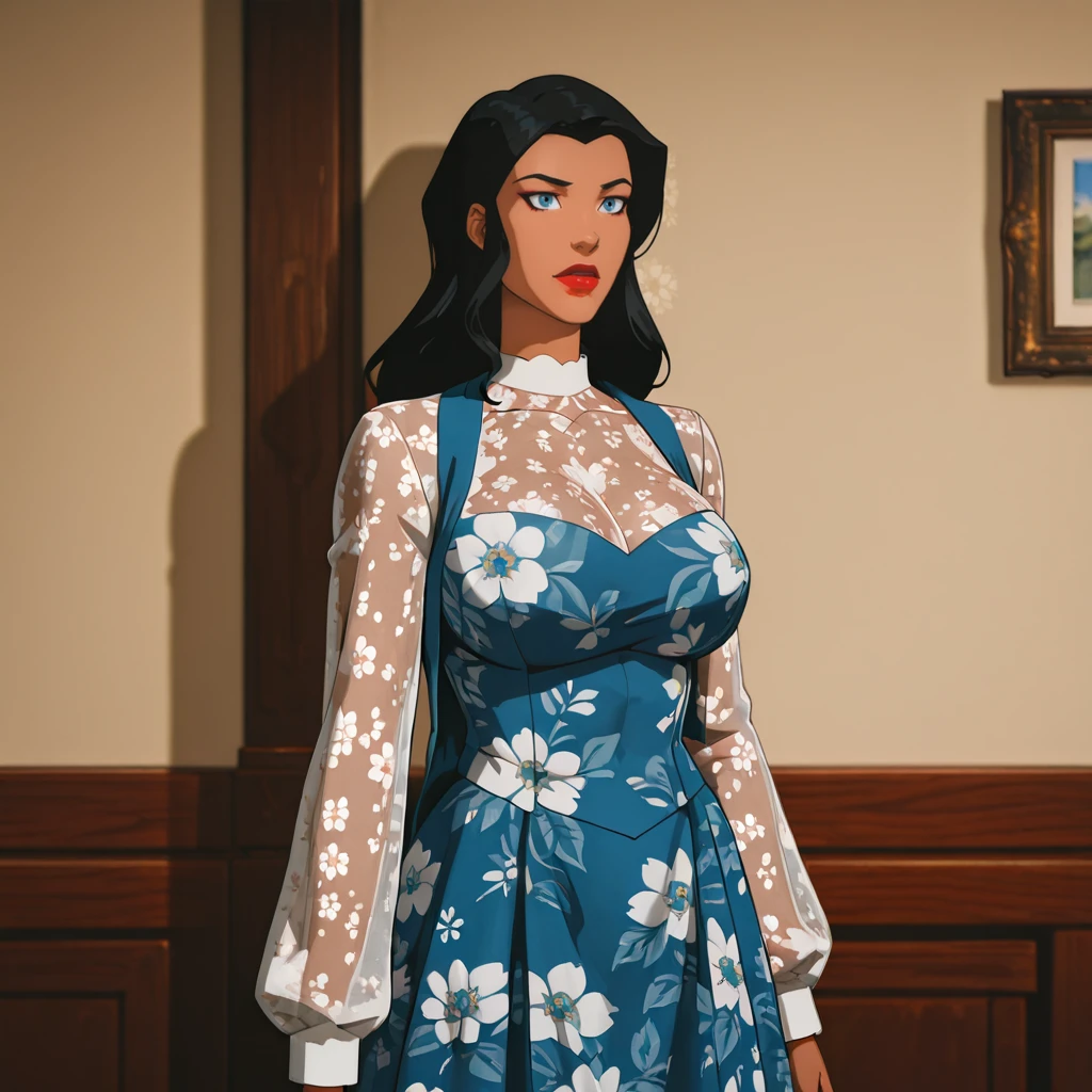 <lora:ZatannaYoungJustice_illustrious_v1:1> zatannaYoungJustice, 1girl,solo, black hair, lipstick, blue eyes, makeup, large breasts, dark skin, red lips, long hair, cowboy shot, <lora:FloralJskDressILL:0.7> dress,floral print,long sleeves