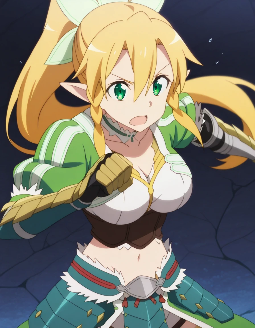 masterpiece, best quality, amazing quality,, <lora:suguha-kirigaya-s1-illustriousxl-lora-nochekaiser:1>, suguha kirigaya, leafa (sao), long hair, blonde hair, hair between eyes, green eyes, ponytail, braid, pointy ears, twin braids, mature female, breasts, anime screencap, <lora:zinogre-armor-illustriousxl-lora-nochekaiser:1>, zinogre armor, zinogre (armor), armor, gauntlets, navel, midriff, spiked armor, blue armor, shoulder armor, fake animal ears,, <lora:dynamic-pose-illustriousxl-lora-nochekaiser:1>, dynamic pose, fighting, cowboy shot, surprised, , ,