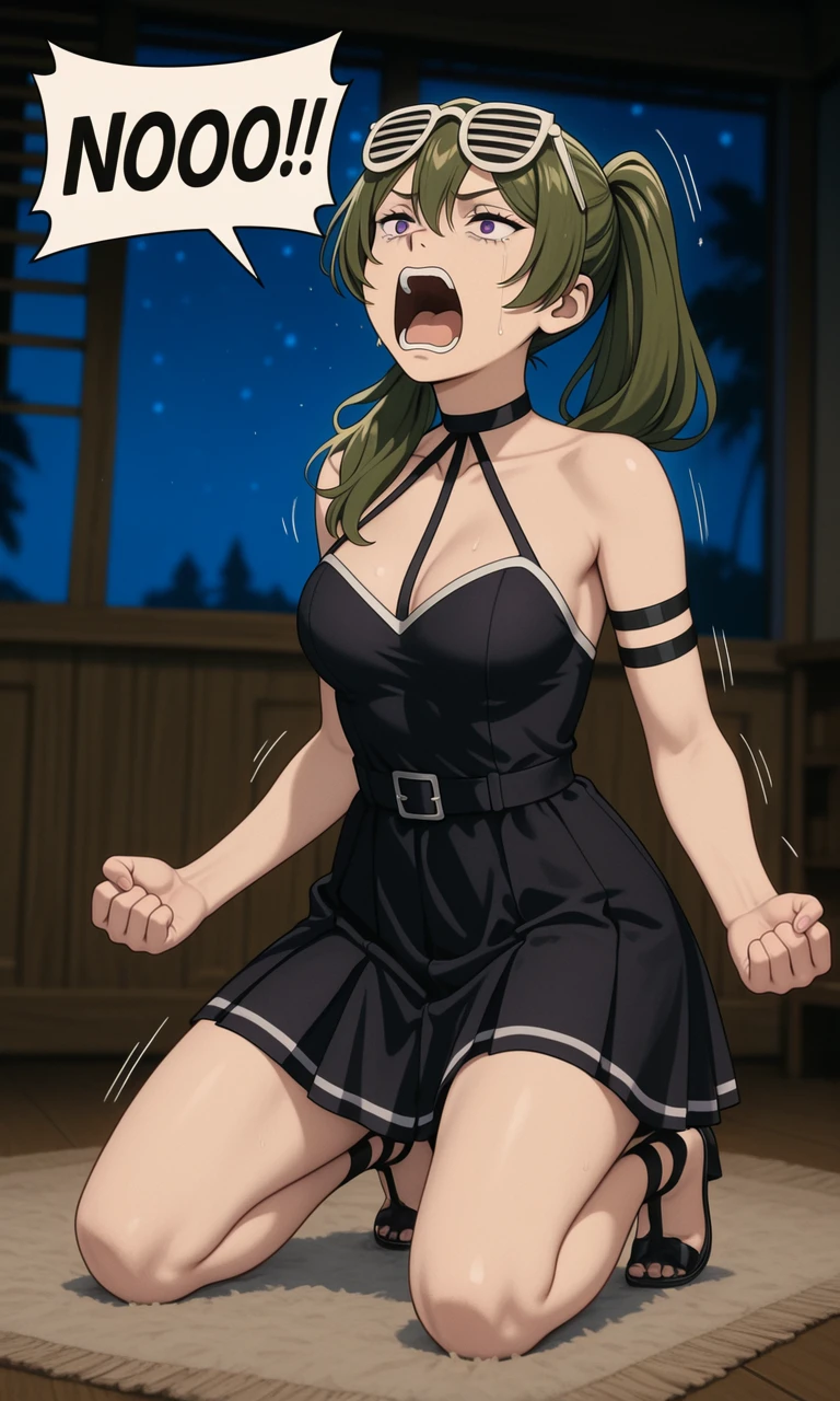 embedding:IllusP0s, speech bubble, NOOO!!!, screaming, kneeling, ubel_\(sousou no frieren\), 1girl,indoors, night, green hair, purple eyes, halter dress, shutter shades, eyewear on head, contrast lighting, dramatic, motion lines, blurry background,<lora:NOOO_illustrious.safetensors:1.0:1.0>