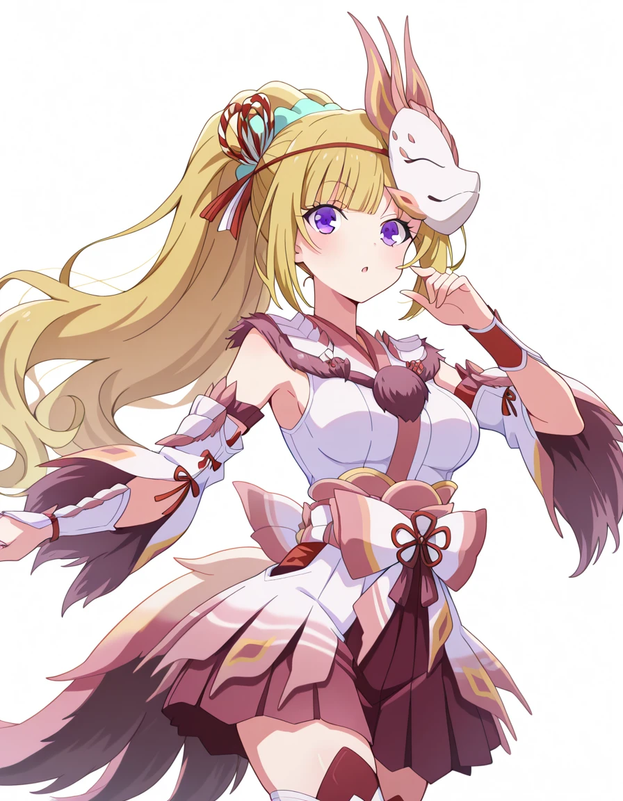 masterpiece, best quality, amazing quality,, <lora:kei-karuizawa-s2-v1-illustriousxl-lora-nochekaiser:1>, kei karuizawa, long hair, bangs, blunt bangs, purple eyes, blonde hair, shirt, hair ornament, ponytail, scrunchie, blue scrunchie, medium breasts,, <lora:mizutsune-armor-illustriousxl-lora-nochekaiser:1>, mizutsune armor, mizutsune (armor), japanese clothes, kimono, detached sleeves, hair ornament, mask, mask on head, ribbon, thighhighs,, <lora:dynamic-pose-illustriousxl-lora-nochekaiser:1>, dynamic pose, cowboy shot, , , ,
