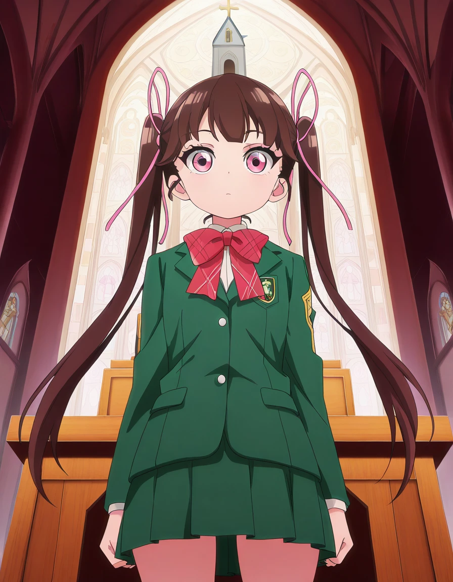 masterpiece, best quality, amazing quality,, <lora:haru-arisugawa-s1-illustriousxl-lora-nochekaiser:1>, haru arisugawa, arisugawa haru, long hair, brown hair, ribbon, twintails, hair ribbon, pink eyes, anime screencap, bow, school uniform, jacket, green jacket,, from below, church, steeple, pews, altar, holy, cowboy shot, solo, looking at viewer