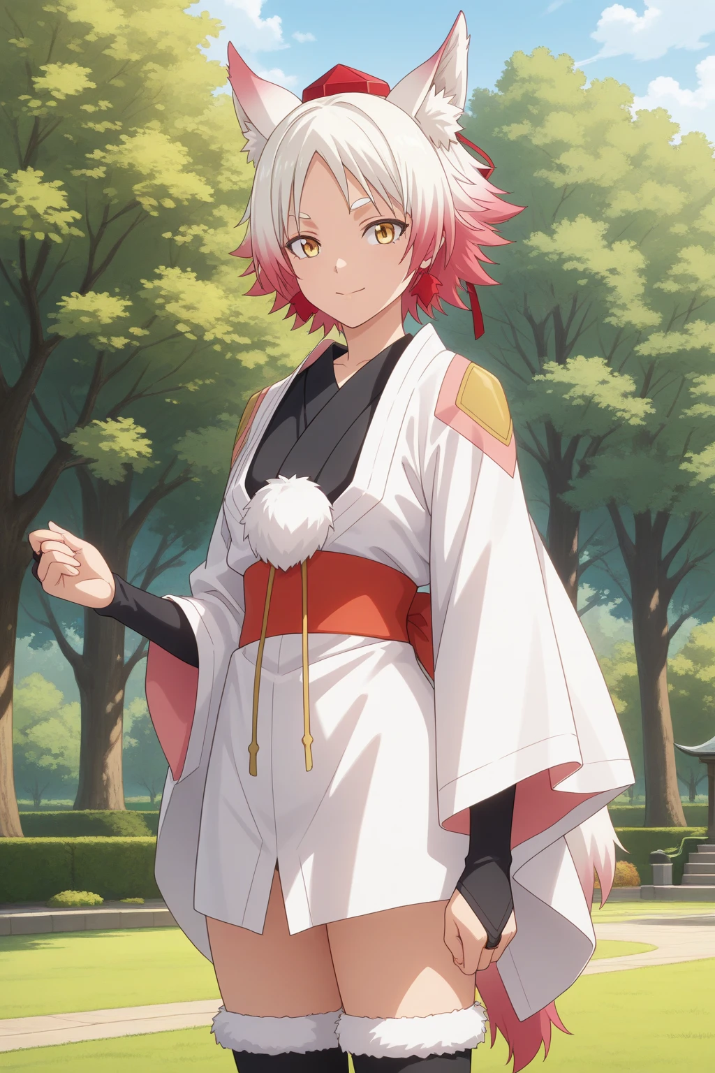 very awa, detailed eyes, shining eyes, masterpiece, best quality, ultra-detailed, (8k), (hdr), absurdres, looking at viewer, solo, 1girl, girl, outdoors, park, daylight, smile, aamomiji, animal ears, yellow eyes, slit pupils, white hair, multicolored hair, red hair, momijidef, tokin hat, black kimono, white haori, short kimono, obi, pom pom, wide sleeves, bridal gauntlets, black thighhighs, fur-trimmed thighhighs, ((standing, cowboy shot))