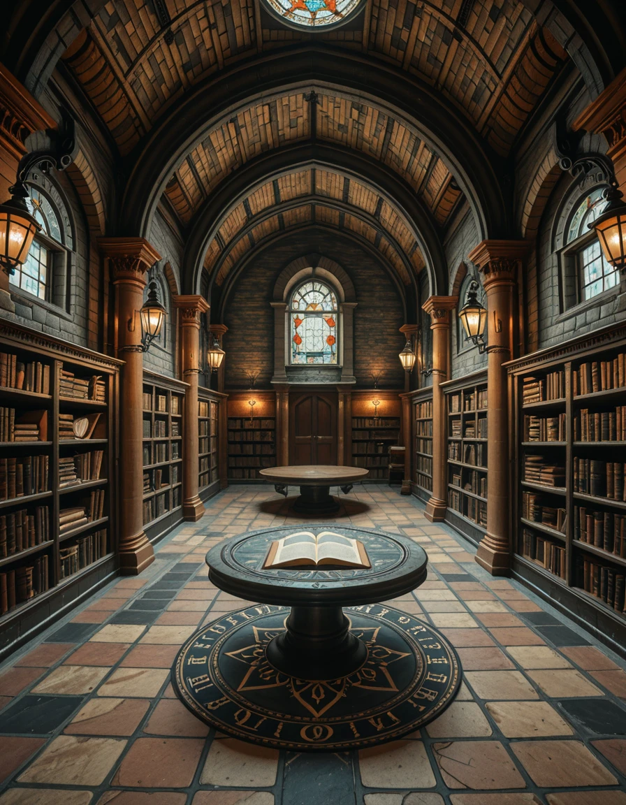 A hidden underground archive beneath a centuries-old library. The room is dimly lit by wrought iron lamps mounted on stone columns, casting flickering shadows across ancient brick walls. Long, vaulted ceilings arch overhead, and the scent of parchment and dust fills the air. Endless rows of oak shelves stretch into the distance, each packed with leather-bound tomes, scrolls sealed with wax, and mysterious artifacts locked behind glass cases. An intricate mosaic of alchemical symbols decorates the tiled floor, and in the center of the space, a circular reading table sits under a skylight made of stained glass, filtering colored light into the chamber. The ambiance is hushed, sacred, and steeped in secrets.hidden underground 4rch1v3, <lora:hidden_underground_4rch1v3-i:1>, Masterpiece,best quality,hi res,8k,hi res,8k,award winning,(sharp focus, intricate, highly detailed),