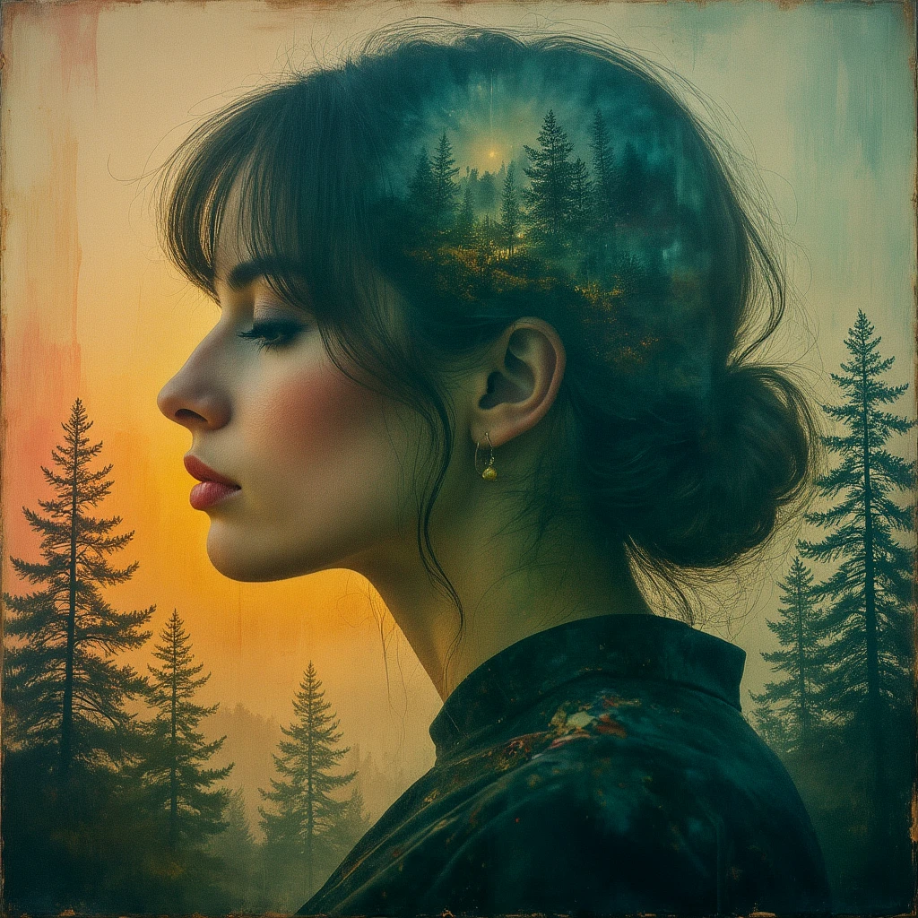 Atmospheric, moody. Double exposure. Fantasy style.
An artistic painting, using paisley patterns. A beautiful young woman. 1960s style. Forest.
scrdxCE_style