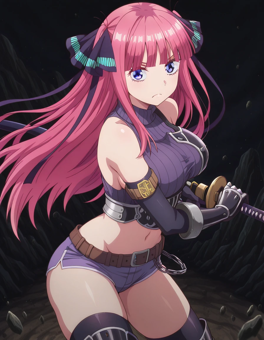 masterpiece, best quality, amazing quality,, <lora:nino-nakano-s1-illustriousxl-lora-nochekaiser:1>, nino nakano, nakano nino, long hair, bangs, blue eyes, hair ornament, hair ribbon, pink hair, blunt bangs, two side up, butterfly hair ornament, mature female, breasts, anime screencap, <lora:kuroobi-armor-illustriousxl-lora-nochekaiser:1>, kuroobi armor, armband, armor, asymmetrical clothes, bare shoulders, belt, chain, crop top, elbow gloves, forehead protector, gauntlets, gloves, headband, kuroobi (armor), micro shorts, midriff, navel, no bra, panties, shirt, shorts, sideboob, sleeveless, sleeveless turtleneck, spikes, strap, striped, taut clothes, taut shirt, thighhighs, thighs, turtleneck, underwear,, <lora:battoujutsu-stance-illustriousxl-lora-nochekaiser:1>, battoujutsu stance, looking at viewer, holding, weapon, sword, holding weapon, holding sword, standing, katana, sheath, sheathed, fighting stance, ready to draw, frown, , ,
