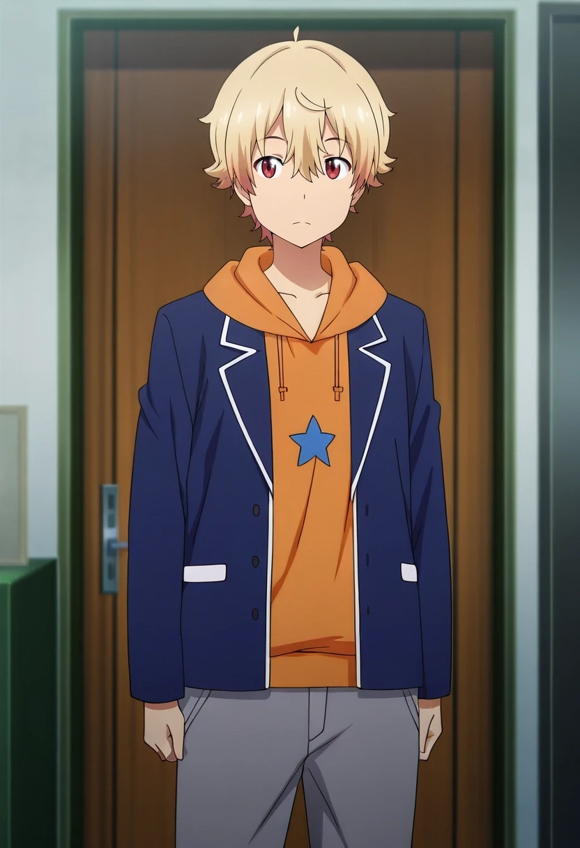 masterpiece, best quality, anime screencap, official style, anime coloring, cowboy shot, 1boy, solo, male focus, <lora:subaru_uchimaki_ilxl:1>, subaru_uchimaki, blonde hair, red eyes, short hair, blue jacket, orange hoodie, open jacket, grey pants,