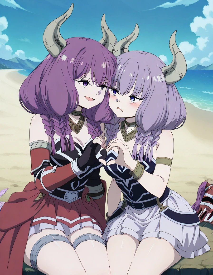 masterpiece, best quality, amazing quality,, <lora:aura-the-guillotine-s1-illustriousxl-lora-nochekaiser:1>, aura the guillotine, aura (sousou no frieren), long hair, purple eyes, purple hair, braid, horns, twin braids, mature female, medium breasts, anime screencap, <lora:hermitaur-armor-illustriousxl-lora-nochekaiser:1>, hermitaur armor, armor, red armor, asymmetrical clothes, belt, blush, bracelet, fingerless gloves, gloves, feathers, hair ornament, hat, helmet, hermitaur (armor), jewelry, skirt, striped, thigh strap, thighs, turtleneck, beach, sitting, headgear,, <lora:heart-hands-duo-illustriousxl-lora-nochekaiser:1> heart hands duo, heart hands, heart, heads together, cheek-to-cheek, open mouth, smile, hetero, frown, open mouth, ,