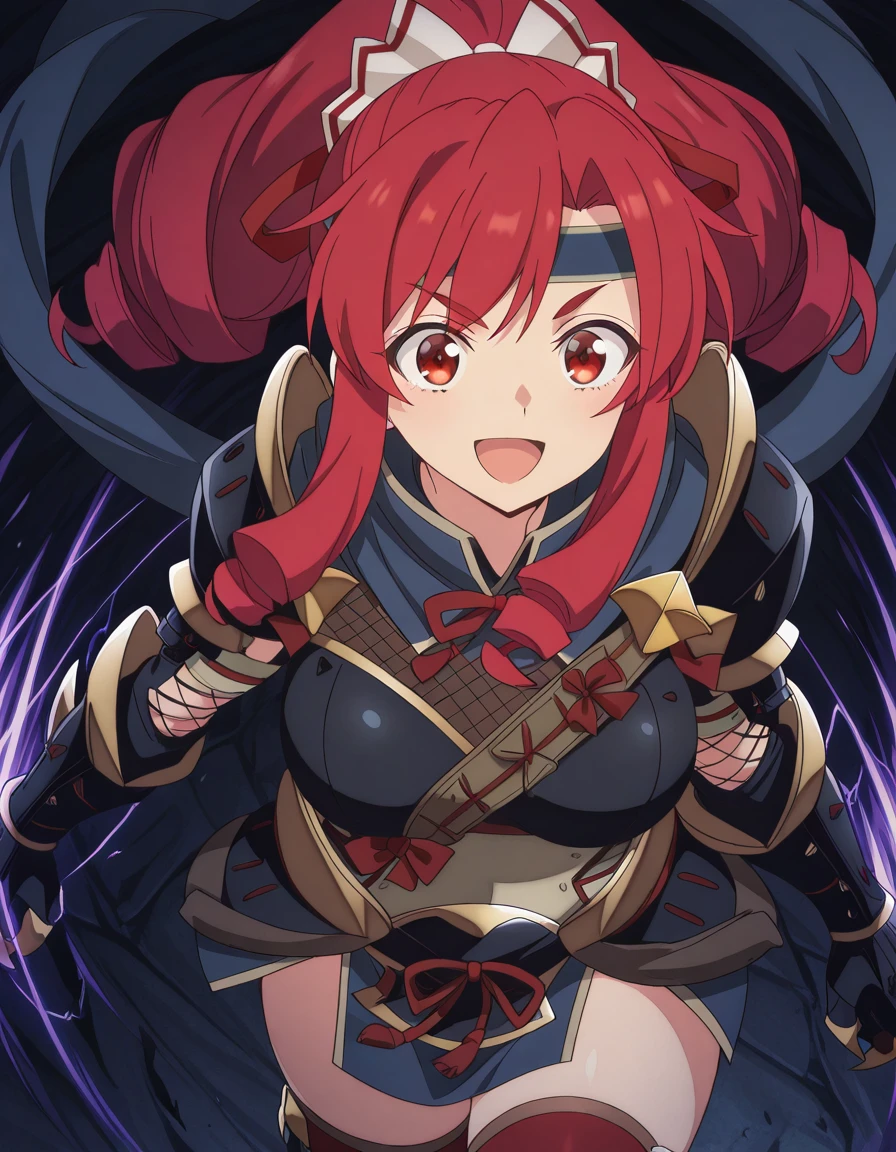 masterpiece, best quality, amazing quality,, <lora:aparida-marina-s1-illustriousxl-lora-nochekaiser:1>, aparida marina, red hair, red eyes, ponytail, long hair, hair ribbon, ribbon, drill hair, sidelocks, mature female, breasts, anime screencap, <lora:kamura-armor-illustriousxl-lora-nochekaiser:1>, kamura armor, armor, blue scarf, clawed gauntlets, gauntlets, hair ornament, hair ribbon, headband, kamura (armor), red ribbon, red thighhighs, ribbon, scarf, shoulder armor, thighhighs,, <lora:dynamic-pose-illustriousxl-lora-nochekaiser:1>, dynamic pose, attack, cowboy shot, smile, open mouth, ,