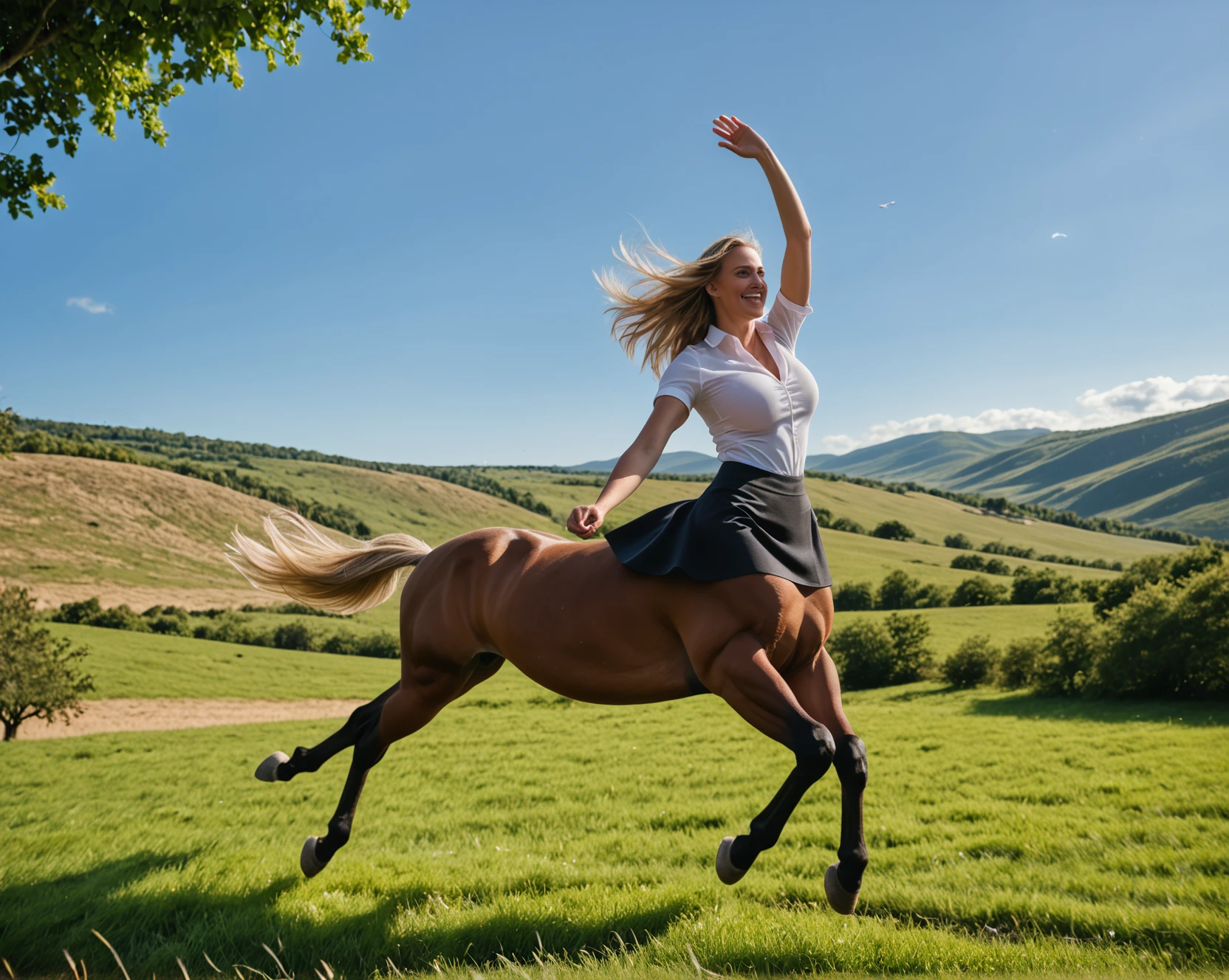 Stable_Yogis_PDXL_Positives,
(running female centaur), from below, full body, from side, solo,
fit body, blonde hair, big breast,
(big horse body, four legs, hooves, brown fur, detailed fur),
white shirt, black skirt,
running, jumping, hand on head, smile, strong wind,
valley, field, grass, sky, tree,
masterpiece, best details, best effects, photoreaslistic,
<lora:centaurs_7_5e_pony_prodigy_1:0.75>
