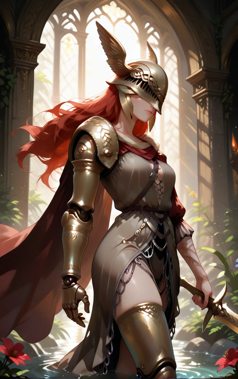 ilmalenia, 1girl, prosthesis, malenia blade of miquella, prosthetic arm, red hair, prosthetic leg, weapon, sword, solo, winged helmet, helmet, holding weapon, long hair, holding sword, holding, dress, single mechanical arm, red cape, closed mouth, flower, mechanical arms, brown dress, cape, amputee, covered eyes, water <lora:illustrious-Malenia -1024x1600:1>
