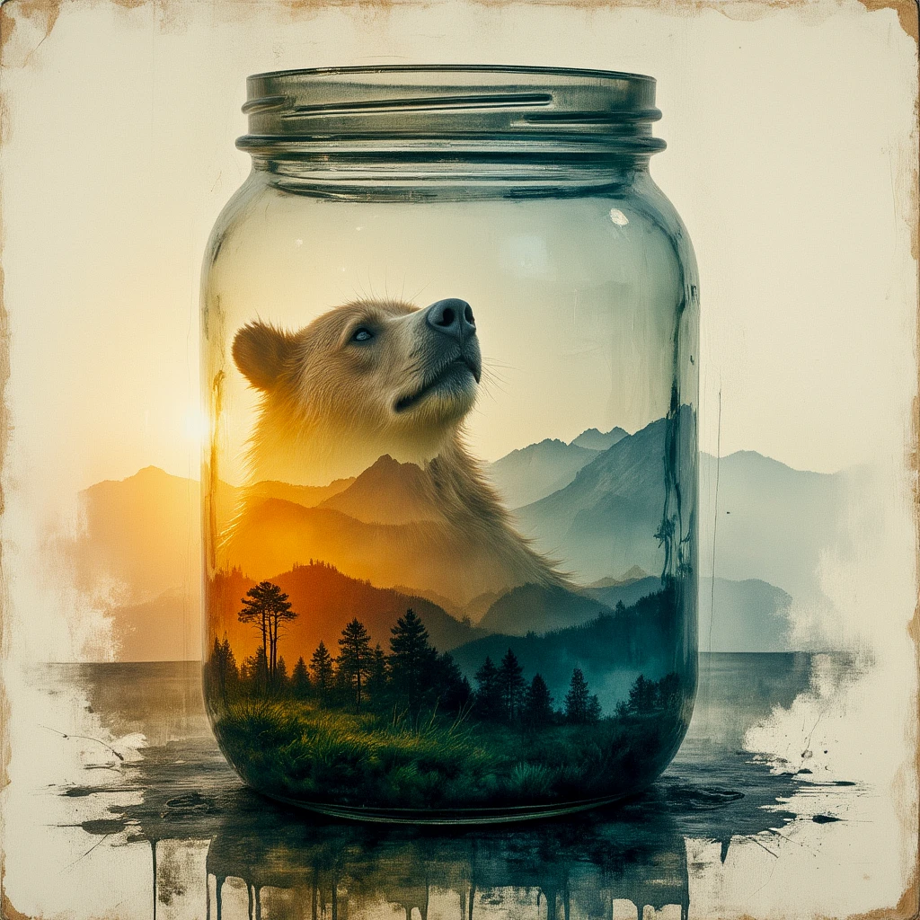 Double exposure. Layered dreamlike art. Light leak. Screenprint texture. Distressed overlay.
A bear inside a jar.
Sunset inside a jar filled with mountains. A bear face, double exposure. Refracted light.
scrdxCE_style