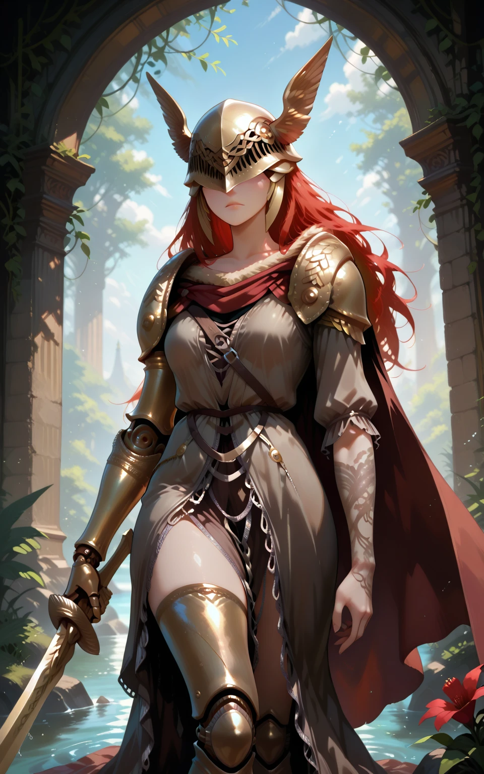 ilmalenia, 1girl, prosthesis, malenia blade of miquella, prosthetic arm, red hair, prosthetic leg, weapon, sword, solo, winged helmet, helmet, holding weapon, long hair, holding sword, holding, dress, single mechanical arm, red cape, closed mouth, flower, mechanical arms, brown dress, cape, amputee, covered eyes, water <lora:illustrious-Malenia -1024x1600:1>