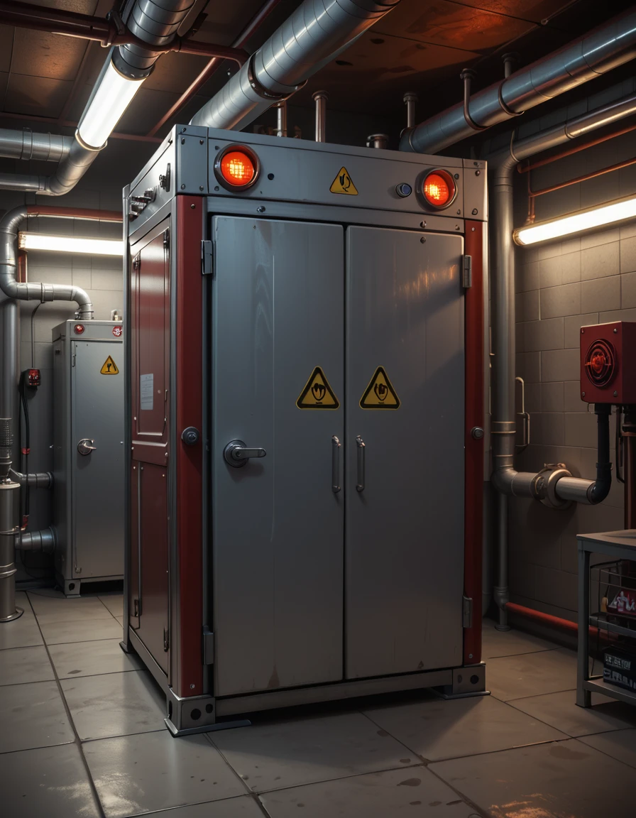 A detailed photo of the exterior of the Ecto-Containment Unit, located in a dimly lit basement facility. The unit is a large, reinforced metallic structure with red and silver panels, thick wiring, and glowing warning lights. Industrial hazard symbols are painted across its surface, and a secure access hatch is bolted shut on the front. Pipes and power conduits run along the walls and ceiling, feeding into the containment system. The room is concrete and shadowy, lit by flickering fluorescent lights and the pulsing red glow of the unitâs power core. No characters present. Cinematic, high-tech paranormal lab atmosphere, detailed and ominous.
,Ecto-Containment Un1t, <lora:Ecto-Containment_Un1t-p:1>,score_9, score_8_up, score_7_up,amazing quality, ultra realistic, 3D, HD, best quality, amazing quality, very aesthetic, absurdres