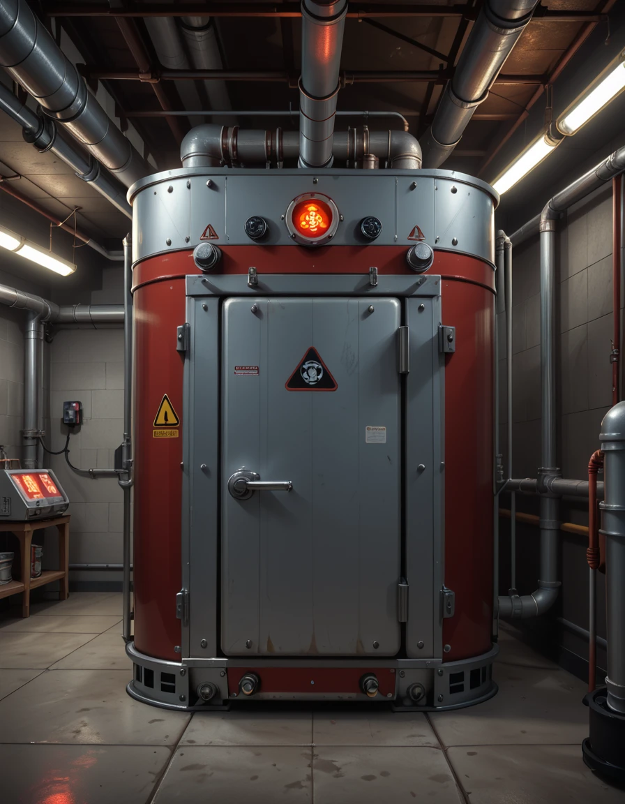 A detailed photo of the exterior of the Ecto-Containment Unit, located in a dimly lit basement facility. The unit is a large, reinforced metallic structure with red and silver panels, thick wiring, and glowing warning lights. Industrial hazard symbols are painted across its surface, and a secure access hatch is bolted shut on the front. Pipes and power conduits run along the walls and ceiling, feeding into the containment system. The room is concrete and shadowy, lit by flickering fluorescent lights and the pulsing red glow of the unitâs power core. No characters present. Cinematic, high-tech paranormal lab atmosphere, detailed and ominous.
,Ecto-Containment Un1t, <lora:Ecto-Containment_Un1t-p:1>,score_9, score_8_up, score_7_up,amazing quality, ultra realistic, 3D, HD, best quality, amazing quality, very aesthetic, absurdres
