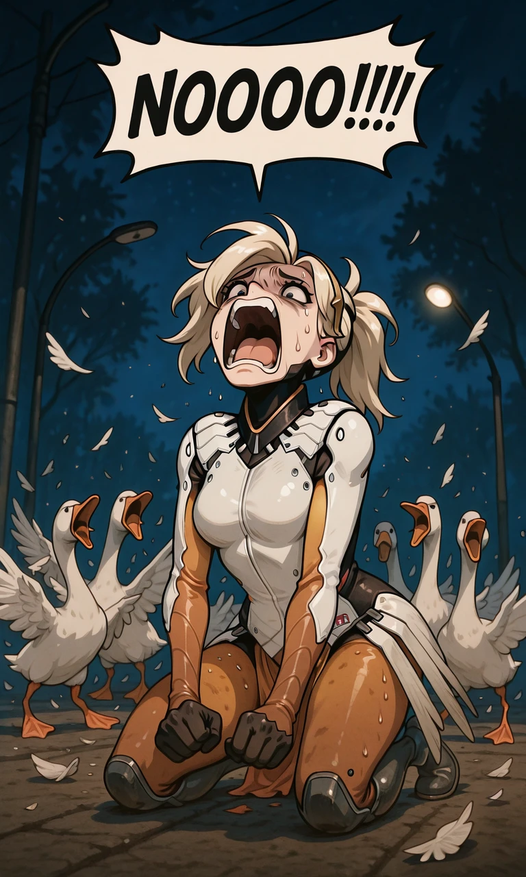 embedding:IllusP0s, goose ambush, 6+geese, speech bubble, NOOO!!!, screaming, kneeling, mercy_\(overwatch\), scared, outdoors, night, contrast lighting, low angle,<lora:NOOO_illustrious.safetensors:1.0:1.0> <lora:goose ambush_illustrious.safetensors:1:1>