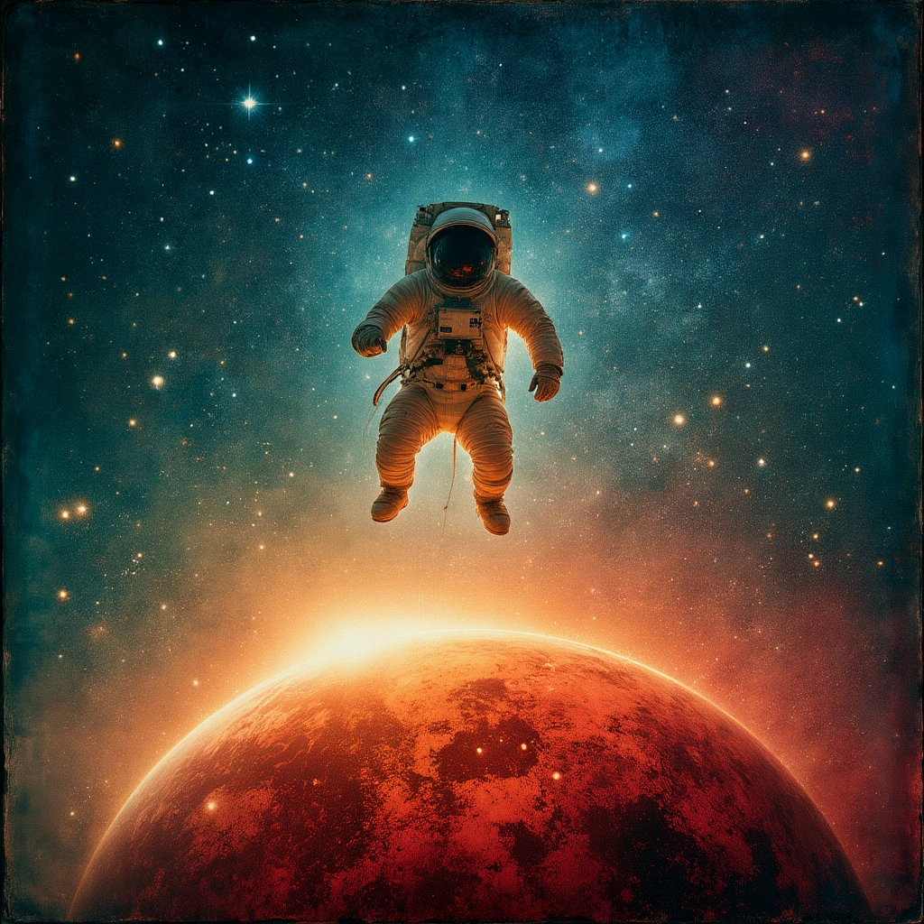 Double exposure. An artistic painting.
An Astronaut floating in space against a background of stars. The sparkling cosmos. The astronaut floats above the red planet.
scrdxCE_style
