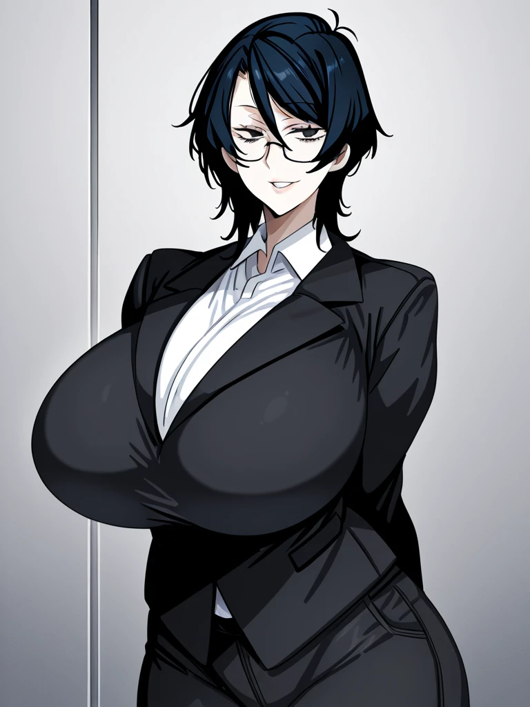 1girl, hiromi mw, black hair, medium hair, huge breasts, glasses, black eyes, standing, formal, white shirt, black jacket, black pants, arms behind back, smile, parted lips, looking at viewer, solo,