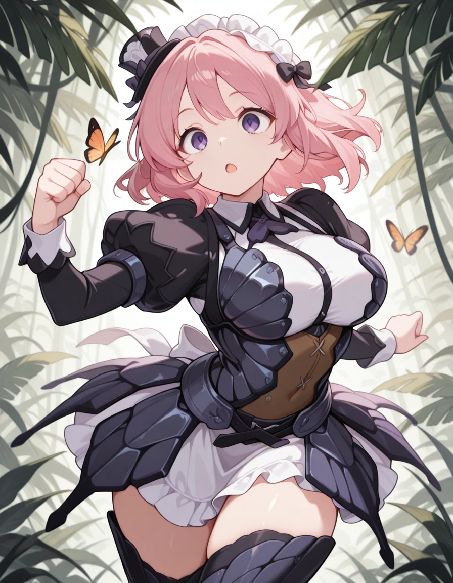 masterpiece, best quality, amazing quality,, <lora:CivChan:1>, CivChan, purple eyes, pink hair, mature female, breasts, maid headdress, , <lora:bnahabra-armor-illustriousxl-lora-nochekaiser:1>, bnahabra armor, bnahabra (armor), hat, mini hat, mini top hat, top hat, butterflies, jungle, thighhighs,, <lora:dynamic-pose-illustriousxl-lora-nochekaiser:1>, dynamic pose, kicking, cowboy shot, expressionless, open mouth, ,