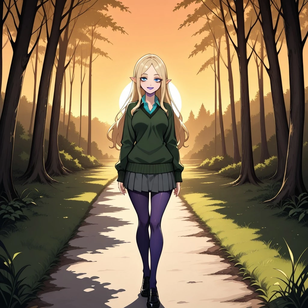 score_9, score_8, BREAK, solo, 1girl, light blonde hair, long hair, blue eyes, bags under eyes, slightly pointy ears, purple lips, lipstick, dark green sweater, cyan collared shirt underneath, dark grey skirt, indigo tights, black loafers, DawnTD, cute, sexy pose, self portrait, smile, looking at viewer, outdoors, sunlight, shadows, evening lighting, natural lighting, forest, trees, grass, orange sky, sunset