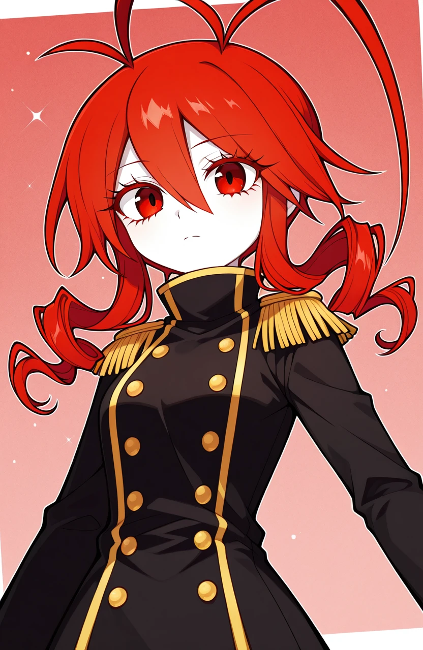 masterpiece,best quality,amazing quality,very aesthetic,absurdres,newest,score_9_up,(score_8_up),score_7_up,detailed face,detailed eyes,Highest Quality,perfect eyes,ultra-detailed,amazing quality,very aesthetic,perfect composition,intricate details,absurdres,<lora:LobcoOkegomV2:1>,lobco \(funamusea\),lobcoOkegom,1girl,antenna hair,black jacket,double-breasted,drill hair,epaulettes,eyelashes,hair between eyes,high collar,jacket,long hair,military,military uniform,pale skin,red eyes,red hair,solo,twin drills,uniform,dynamic pose, dynamic angle,