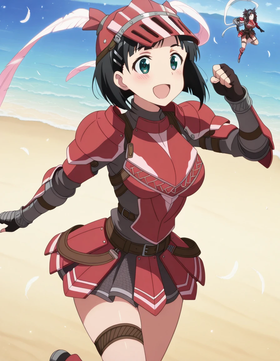 masterpiece, best quality, amazing quality,, <lora:suguha-kirigaya-s1-illustriousxl-lora-nochekaiser:1>, suguha kirigaya, short hair, black hair, hair ornament, hairclip, green eyes, mature female, breasts, anime screencap, <lora:hermitaur-armor-illustriousxl-lora-nochekaiser:1>, hermitaur armor, armor, red armor, asymmetrical clothes, belt, blush, bracelet, fingerless gloves, gloves, feathers, hair ornament, hat, helmet, hermitaur (armor), jewelry, skirt, striped, thigh strap, thighs, turtleneck, beach, sitting, headgear,, <lora:dynamic-pose-illustriousxl-lora-nochekaiser:1>, dynamic pose, midair, cowboy shot, smile, open mouth, ,