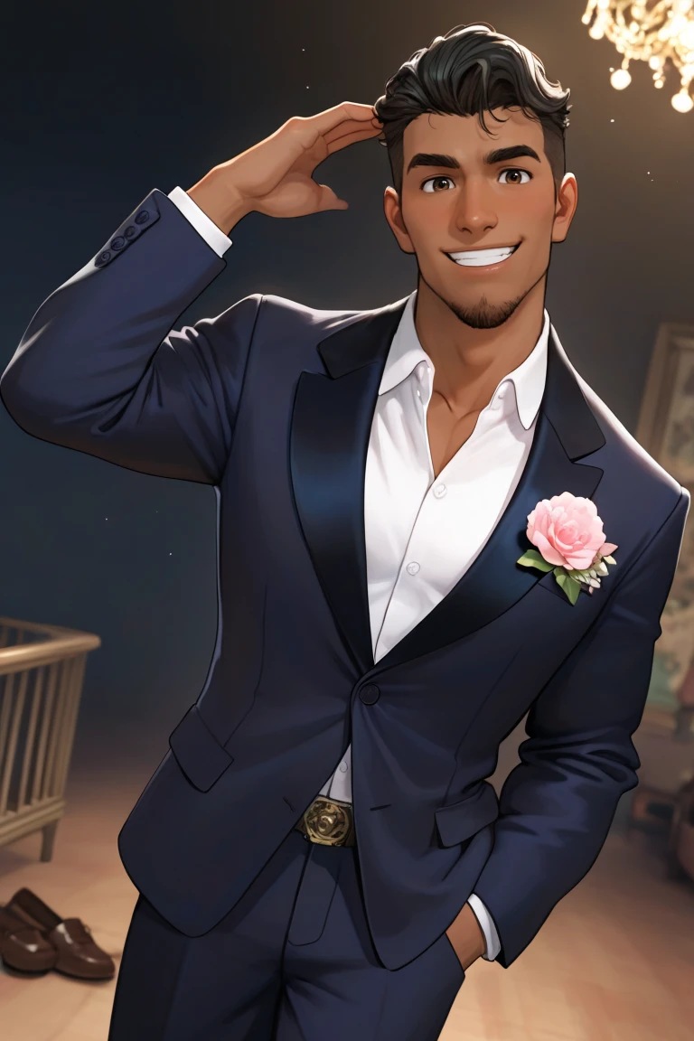 best quality, amazing quality, very aesthetic, absurdres, newest, dynamic angle, intricately detailed illustration, depth of field, masterpiece, volumetric lighting, expressive, dynamic action, masterpiece, perfect, clean detail, clean lines, smooth shading,
BREAK, simple background, smiling, looking at viewer, casual pose, portrait, wedding vibes,
BREAK, 1boy, male focus, solo,coralpablo,black hair,brown eyes,facial hair,goatee,dark skin, formal, dark navy suit, white collared shirt, belt, brown shoes, pink flower,