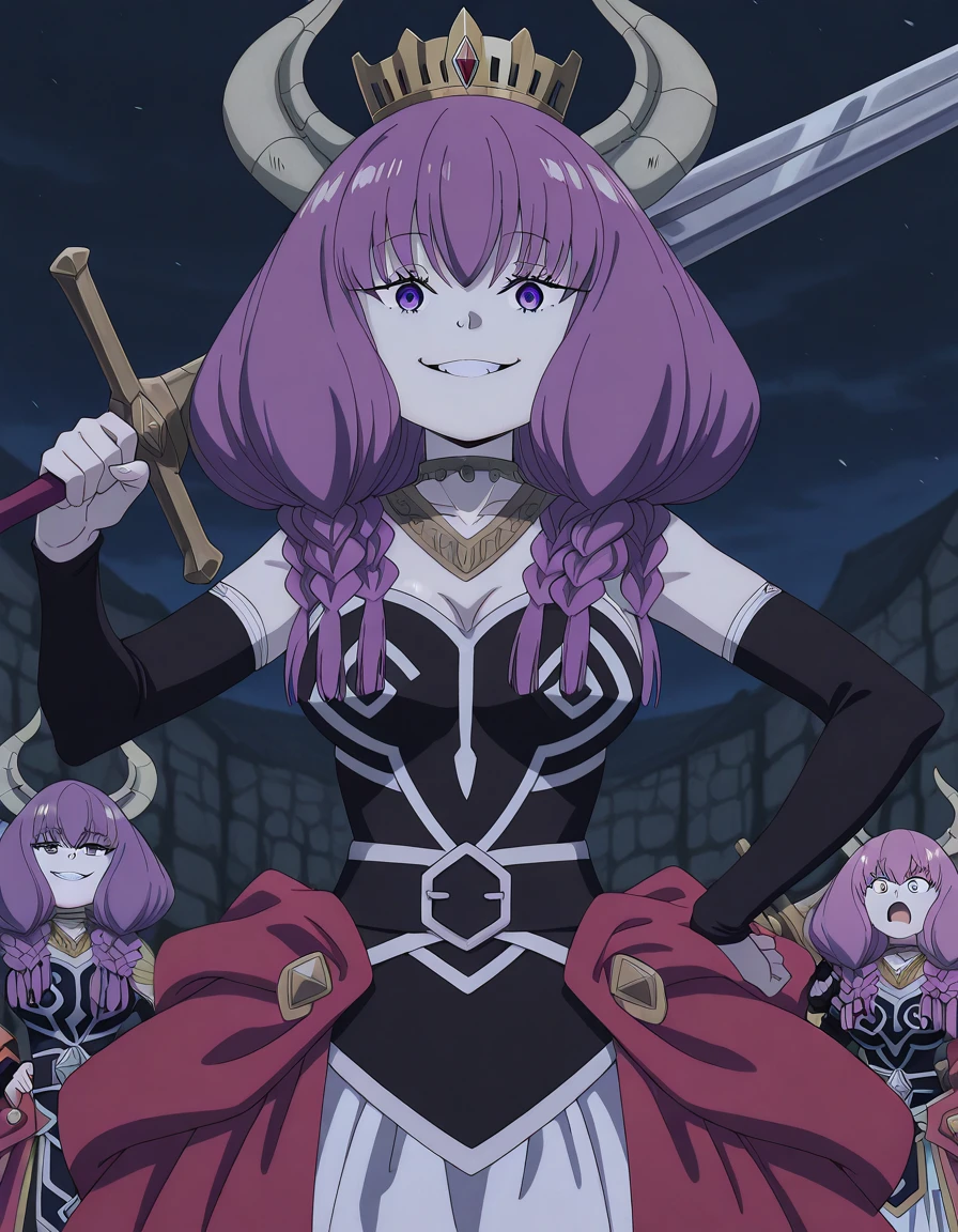 masterpiece, best quality, amazing quality,, <lora:aura-the-guillotine-s1-illustriousxl-lora-nochekaiser:1>, aura the guillotine, aura (sousou no frieren), long hair, purple eyes, purple hair, braid, horns, twin braids, mature female, medium breasts, anime screencap, <lora:teostra-armor-illustriousxl-lora-nochekaiser:1>, teostra armor, teostra (armor), armor, armored dress, crown, dress, hat, pointed crown, red crown,, <lora:sword-over-shoulder-illustriousxl-lora-nochekaiser:1>, sword over shoulder, weapon over shoulder, holding, holding sword, holding weapon, sword, hand on own hip, grin, looking at viewer,, surprised, open mouth, ,