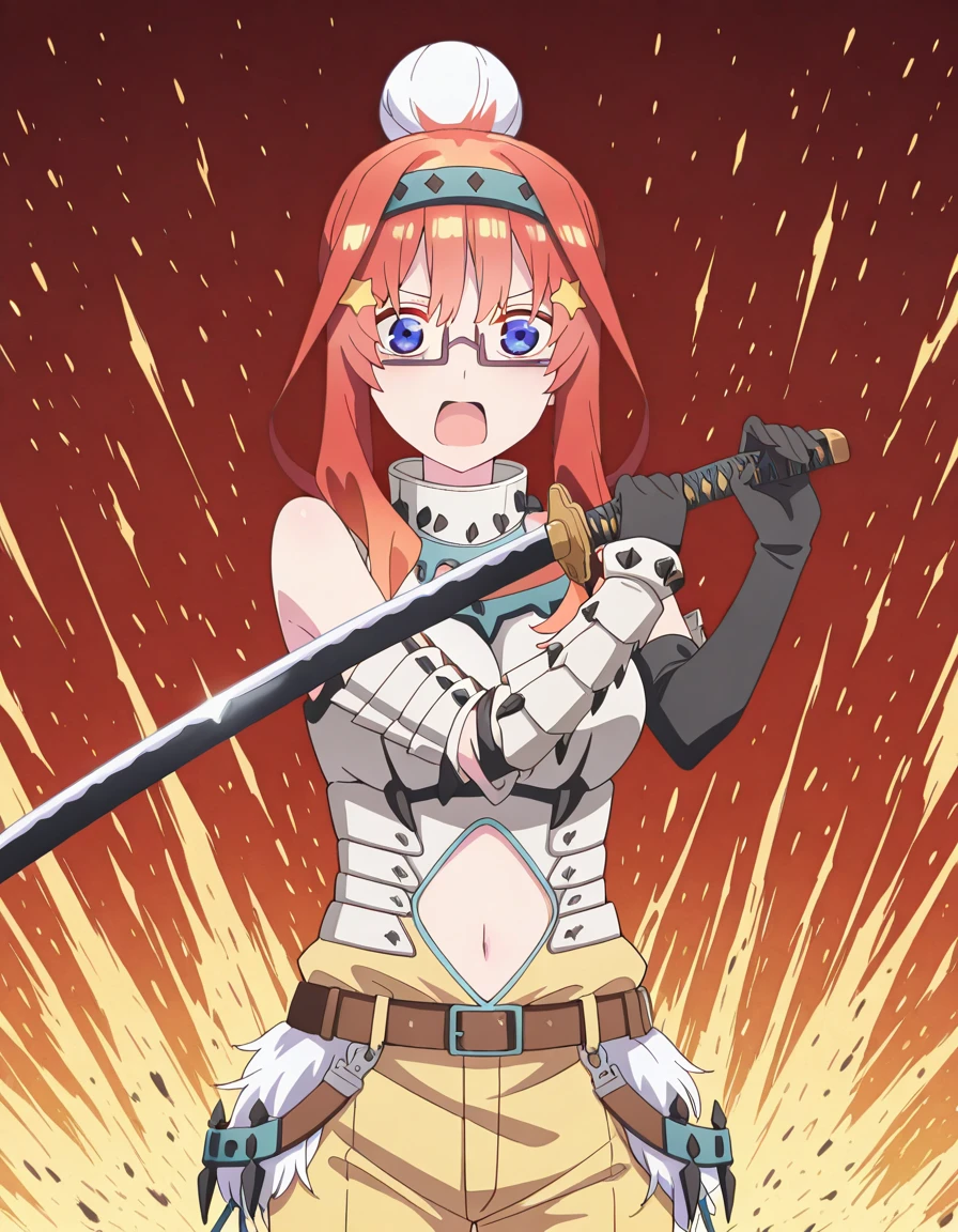 masterpiece, best quality, amazing quality,, <lora:itsuki-nakano-honeymoon-illustriousxl-lora-nochekaiser:1>, itsuki nakano, long hair, blue eyes, hair ornament, red hair, glasses, hair bun, star (symbol), semi-rimless eyewear, under-rim eyewear, star hair ornament, mature female, breasts, anime screencap, <lora:barioth-armor-illustriousxl-lora-nochekaiser:1>, barioth armor, armor, barioth (armor), elbow gloves, gloves, hairband, headgear, bare shoulders, navel, navel cutout, mane, fur, white hair, head band, spiky hair, belt,, <lora:sword-guard-stance-illustriousxl-lora-nochekaiser:1>, sword guard stance, sword, weapon, solo, katana, holding, holding weapon, holding sword, looking at viewer, jumpsuit, yellow jumpsuit, high collar, cowboy shot, pants,, scared, open mouth, ,