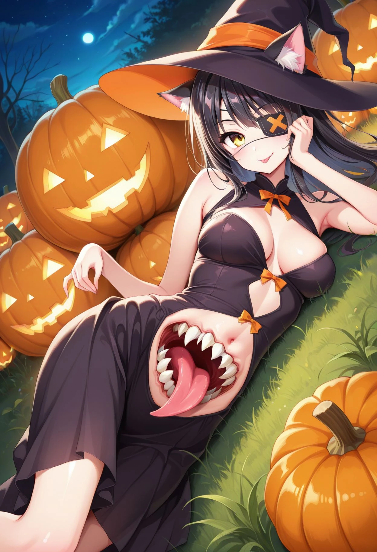 Thick giant chick, tentacle pops out from within her mouth, gaping creampied anus exposed, crying eyes, corps entier, tentacles in ass, creampie, upside down, spread legs over the head, pose de Jack Ô Lantern