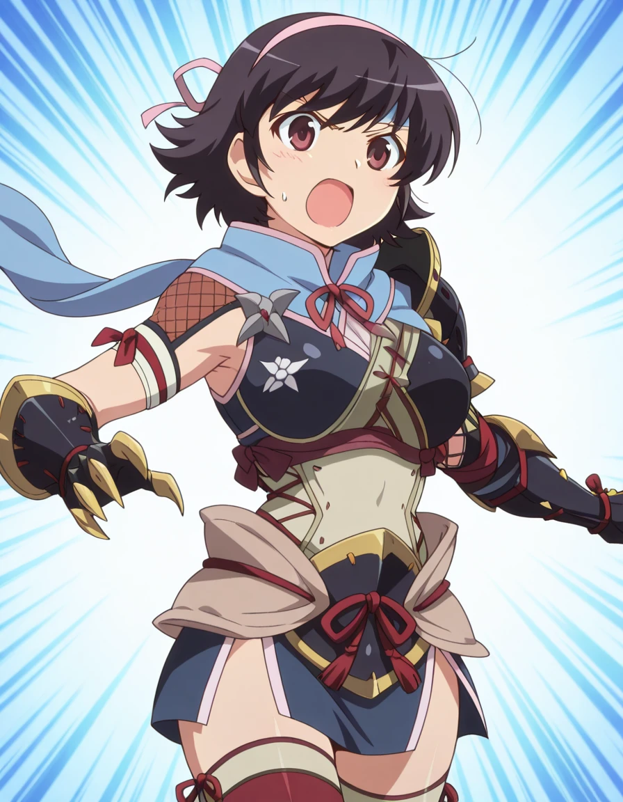 masterpiece, best quality, amazing quality,, <lora:ayumi-takahara-s1s2-illustriousxl-lora-nochekaiser:1>, ayumi takahara, takahara ayumi, short hair, black hair, brown eyes, hairband, mature female, medium breasts, anime screencap, <lora:kamura-armor-illustriousxl-lora-nochekaiser:1>, kamura armor, armor, blue scarf, clawed gauntlets, gauntlets, hair ornament, hair ribbon, headband, kamura (armor), red ribbon, red thighhighs, ribbon, scarf, shoulder armor, thighhighs,, <lora:dynamic-pose-illustriousxl-lora-nochekaiser:1>, dynamic pose, cowboy shot, angry, , ,