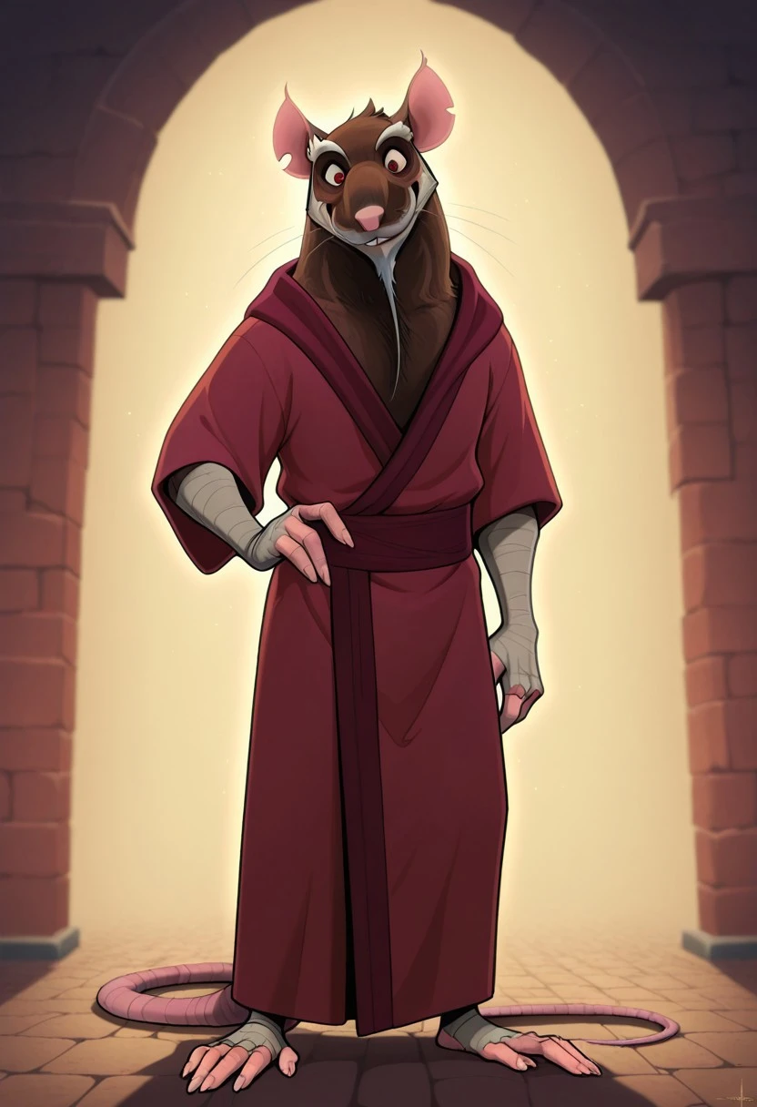 MasterSplinter2012, brown fur, rat, animal, 1boy, male focus, furry male, rat tail, red eyes, detailed eyes, seductive, sash, bandages on arms, score_9, score_8_up, score_7_up, score_6_up, score_5_up, score_4_up, (red robe:1) ,standing up, plantigrade, (white eyebrows:1.4), (fullbody:1), light effects, simple background, smiling at viewer, (white chin:1), (detailed face:1), (long white beard:1.2), bandages on hands