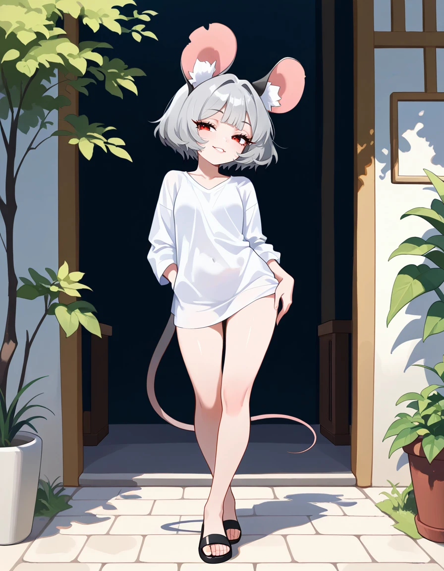 masterpiece, best quality, very aesthetic, absurdres,
outdoors,
full body, standing, posing,
seductive smile, parted lips, long eyelashes,
<lora:Nazrin_v01_NAIXL:1>
N4zr1n,1girl,solo,mouse girl,mouse ears,animal ear fluff,short hair,bangs,grey hair,red eyes,mouse tail,