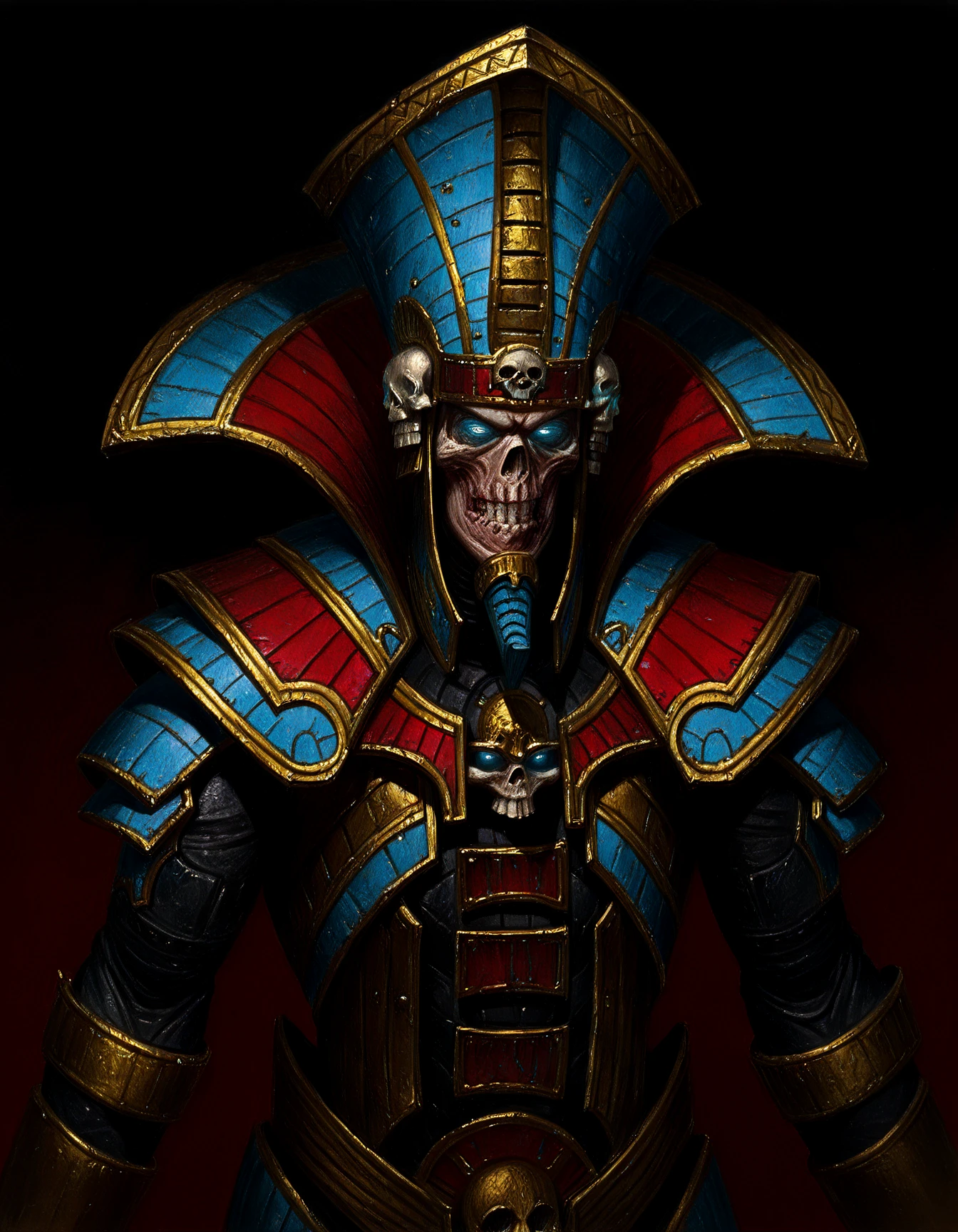 masterpiece, realism, traditional media, skull, glowing eyes, glowing, armor, solo, 1boy, teeth, helmet, blue eyes, upper body, cowboy shot, skull ornament, gold trim, power armor, shoulder armor, simple background, pauldrons, portrait, clenched teeth, red gradient background, film grain, bad teeth, missing tooth,
<lora:Warhammer Tombkings Lycoris Illustrious 0.1:0.8>
