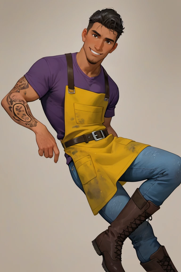 best quality, amazing quality, very aesthetic, absurdres, newest, dynamic angle, intricately detailed illustration, depth of field, masterpiece, volumetric lighting, expressive, dynamic action, masterpiece, perfect, clean detail, clean lines, smooth shading,
BREAK, simple background, smiling, looking at viewer, casual pose,
BREAK, 1boy, male focus, solo,coralpablo,black hair,brown eyes,facial hair,goatee,dark skin, arm tattoo, purple shirt, dirty yellow apron, belt, jeans, bronw boots