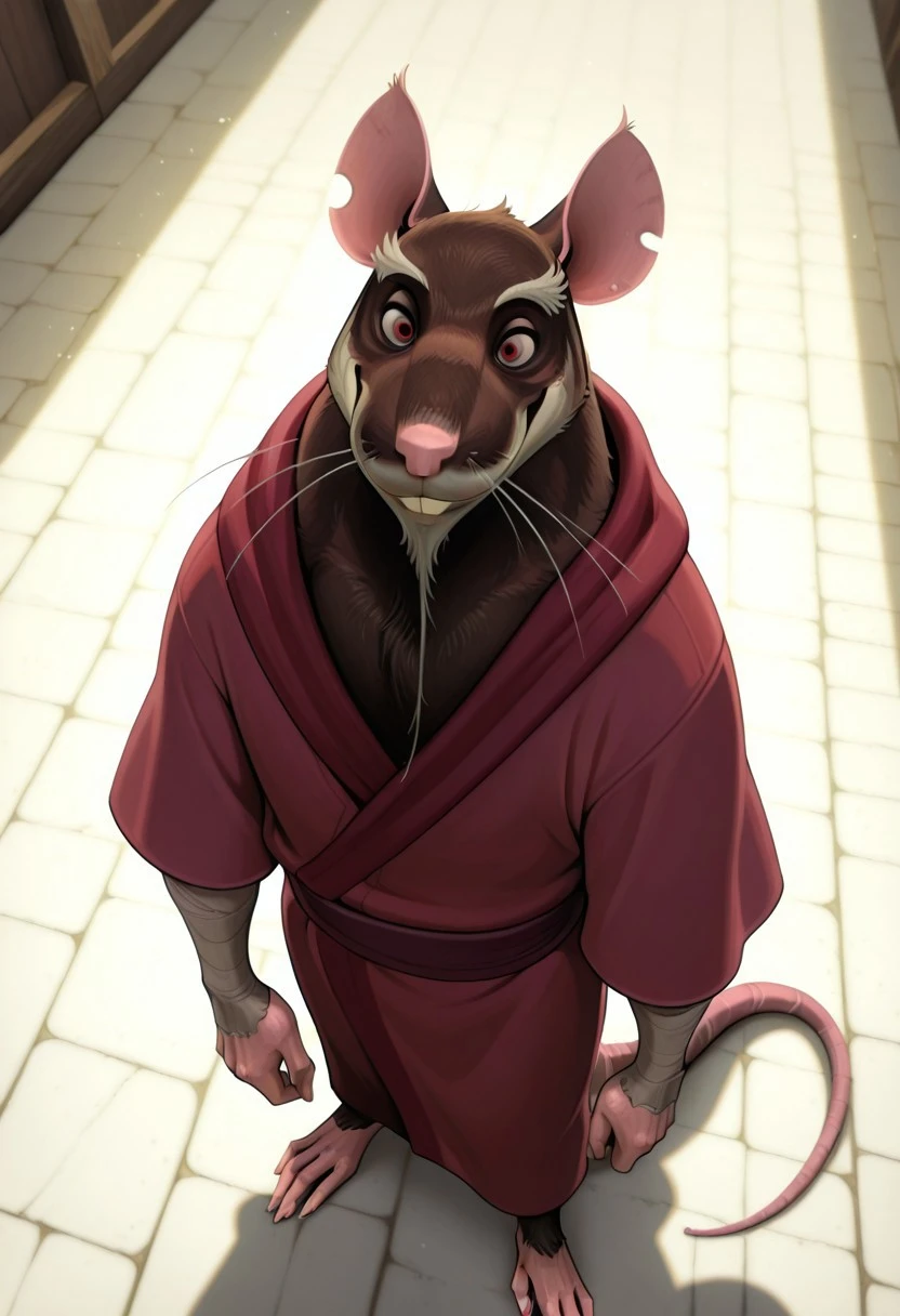 MasterSplinter2012, brown fur, rat, animal, 1boy, male focus, furry male, rat tail, red eyes, detailed eyes, seductive, sash, bandages on arms, score_9, score_8_up, score_7_up, score_6_up, score_5_up, score_4_up, (red robe:1) ,standing up, plantigrade, seen from above, nice angle, (detailed mouth:1), (realistic:1), (fullbody:1), light effects, simple background, smiling at viewer, (white chin:1), (detailed face:1), good looking face