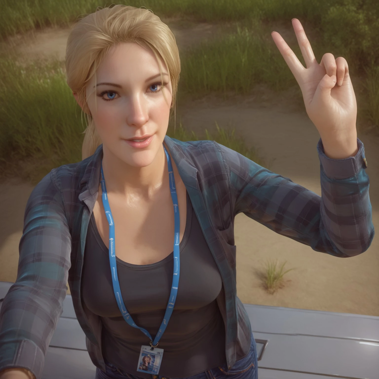 score_9, best quality, realistic, break, solo, sarah_dg, blonde hair, ponytail, blue eyes, jacket, shirt, lanyard, jeans, selfie, from above, head tilt, v,