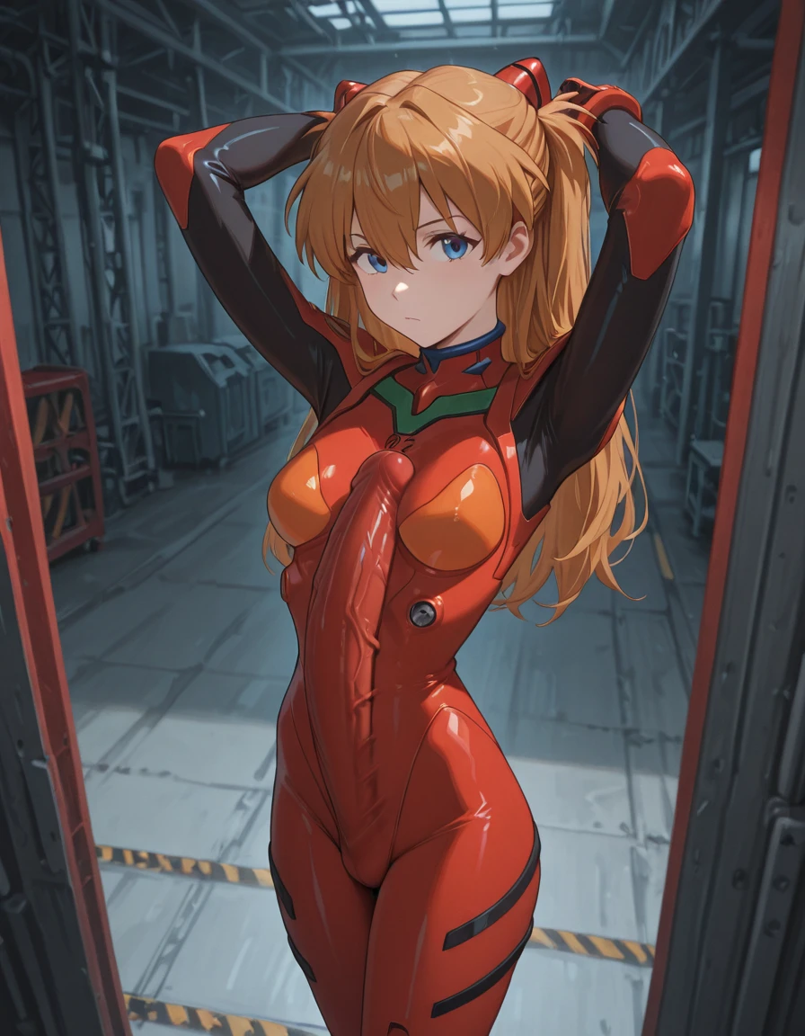asukalangley, Asuka Langley Soryu, hair between eye, Orange hair, Long sleeves, plugsuit, Red bodysuit, BREAK outdoors, city, looking at the viewers, (masutepiece:1.2), Best Quality, High resolution, Unity 8k Wallpaper, (Illustration:0.8), (Beautiful detailed eyes), extra detailed face, Perfect Lighting, extremely details CG, (Perfect hands, Perfect Anatomy), {half-naked、topless、Pink nipples、Naked Dance、transformation、Slender、