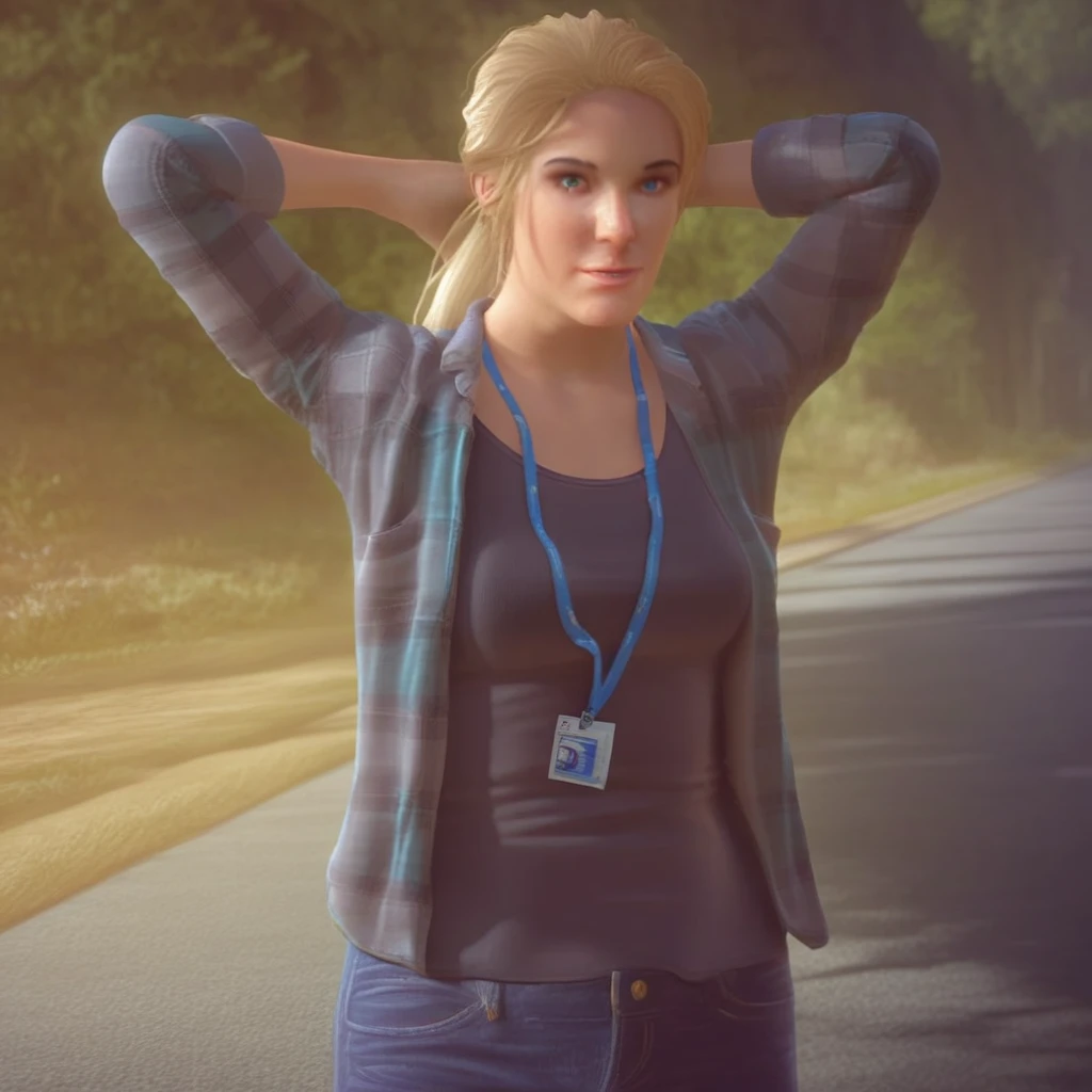 score_9, solo, sarah_dg, blonde hair, ponytail, blue eyes, jacket, shirt, lanyard, jeans, hands behind head, looking at viewer, road, natural lighitng