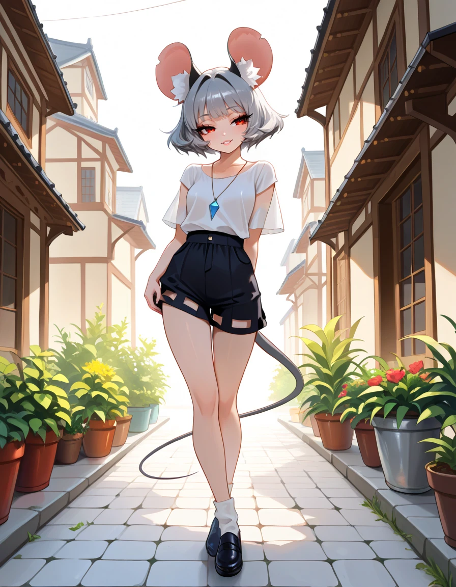 masterpiece, best quality, very aesthetic, absurdres,
outdoors,
full body, standing, posing,
seductive smile, parted lips, long eyelashes,
<lora:Nazrin_v01_NAIXL:1>
N4zr1n,1girl,solo,mouse girl,mouse ears,animal ear fluff,short hair,bangs,grey hair,red eyes,pendant,mouse tail,