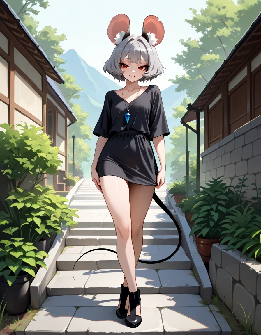 masterpiece, best quality, very aesthetic, absurdres,
outdoors,
full body, standing, posing,
seductive smile, parted lips, long eyelashes,
<lora:Nazrin_v01_NAIXL:1>
N4zr1n,1girl,solo,mouse girl,mouse ears,animal ear fluff,short hair,bangs,grey hair,red eyes,pendant,mouse tail,