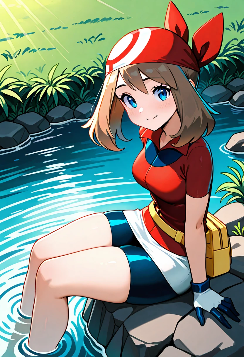 masterpiece, best quality, medium breasts, (curvy), <lora:MayPokemonIXL_v2:1.0>, zzMay, may (pokemon), solo, brown hair, blue eyes, medium hair, red shirt, bike shorts, red bandana, gloves, white miniskirt, yellow belt, sitting on a rock, lakeside, gentle breeze, reflective water, warm sunlight, relaxed expression, looking at viewer, smile, side view, from above, â Sitting on a smooth rock by the crystal-clear lake, May leans back on her hands, letting out a soft sigh of contentment. The afternoon sun glistens on the rippling water, creating shimmering reflections that dance across her red shirt and white miniskirt. Her red bandana keeps her brown hair neatly in place, though a few strands escape to sway in the light breeze. Her blue eyes gaze at the distant horizon, lost in thought, while her gloved fingers idly trace patterns on the stone beneath her. The sounds of water lapping against the shore and distant Pokémon calls make for a peaceful, fleeting moment of serenity before her next journey begins.