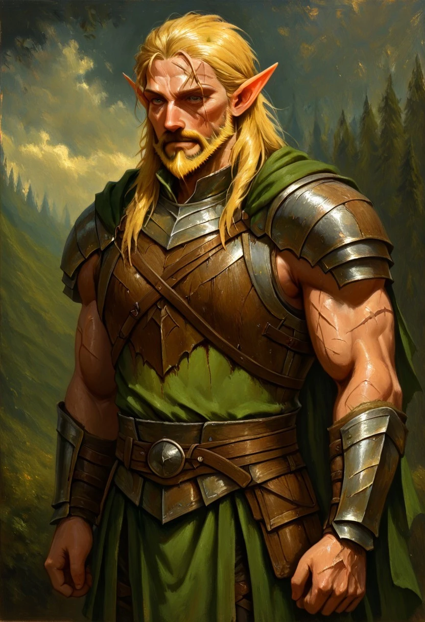 masterpiece, best quality, newest, absurdres, highres, GOTPV1.0, oil painting (medium),
1boy, manly, elf, beard, muscular male, blonde, blonde hair, pointy ears, scar, scar on face, armor, cape, chestplate, chest armor,